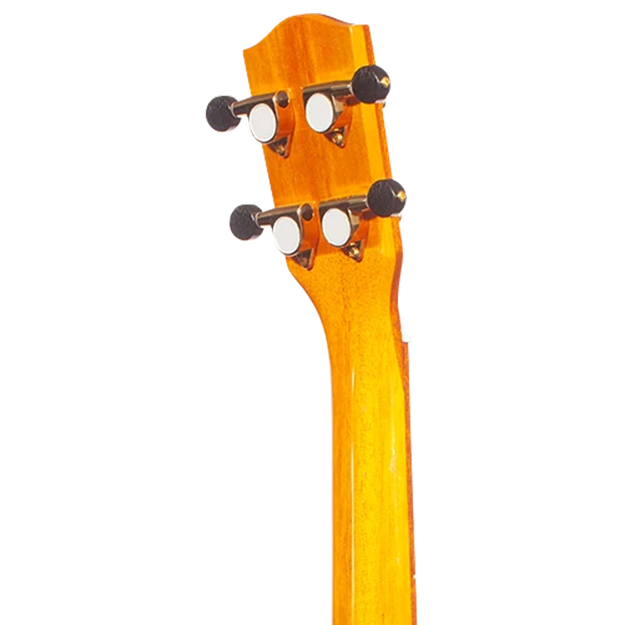 Close-up of the headstock and neck of a four-string ukulele, showing the four tuning pegs and a bright natural wood finish on a white background.