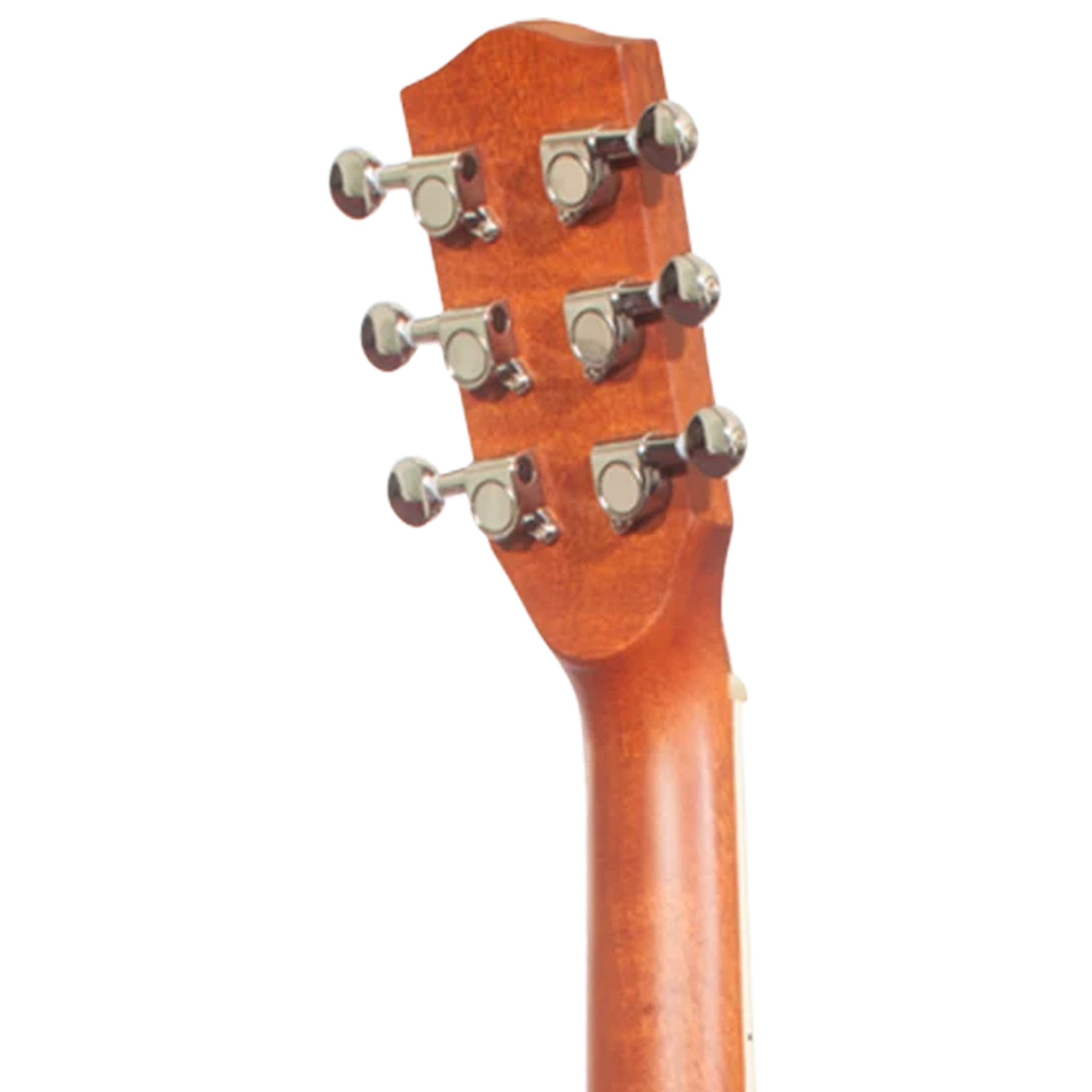Close-up of the headstock of a six-string acoustic guitar, showing six silver tuning pegs on a warm reddish-brown wood finish against a white background.