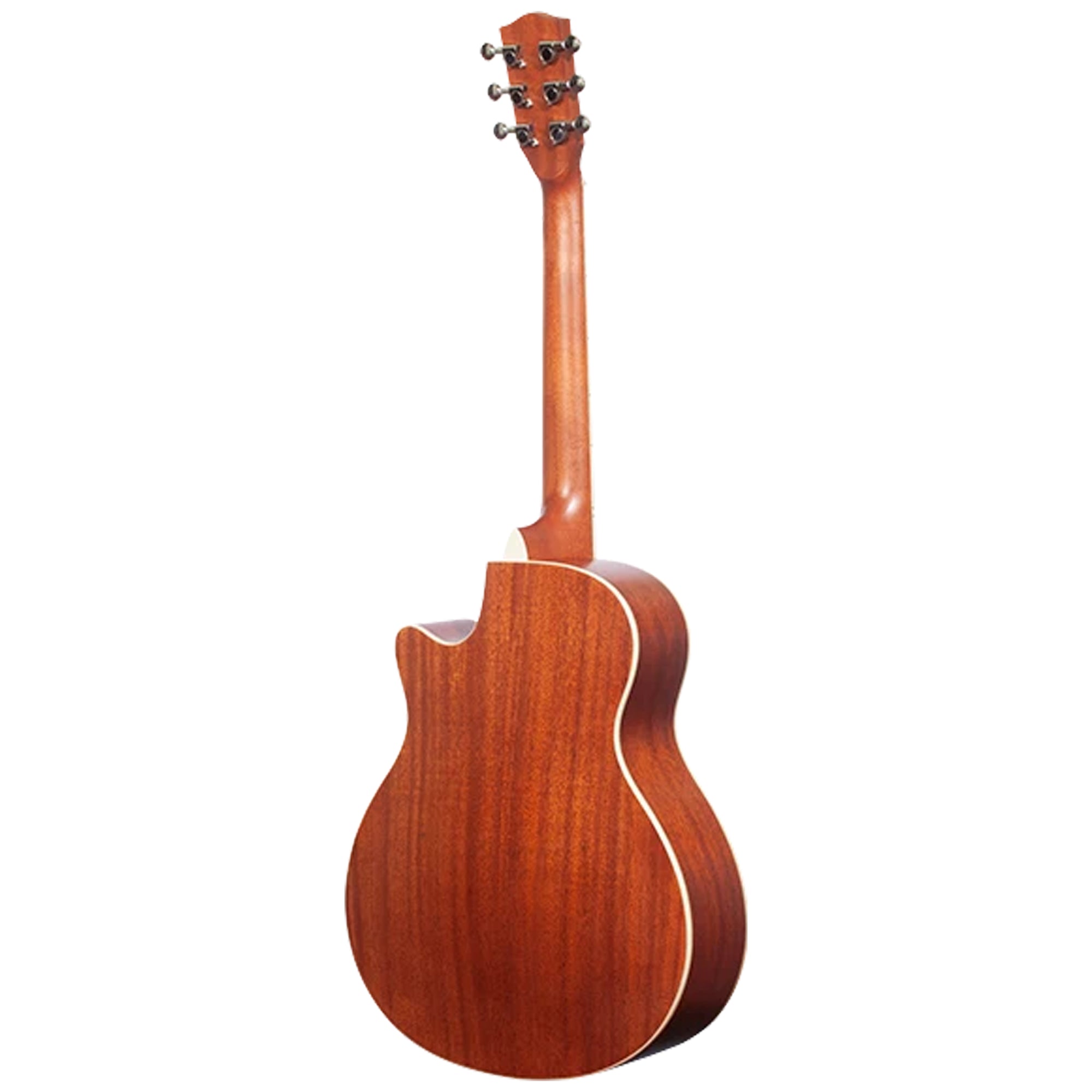 The back view of an acoustic guitar with a rich reddish-brown wood finish and a white binding line, isolated on a white background.