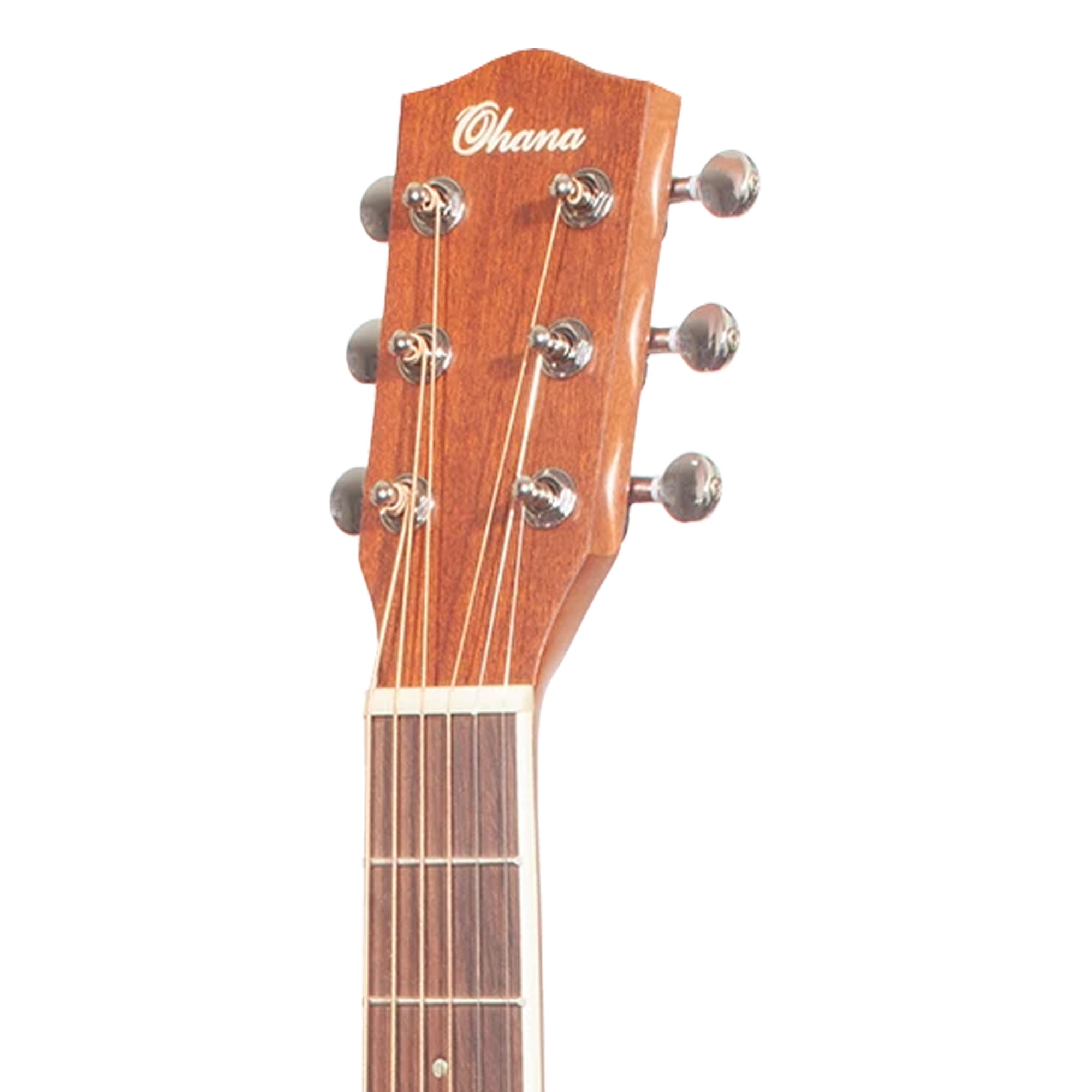 Close-up of the headstock of an acoustic guitar, showing the brand name 'Ohana' in white script on a warm brown wood finish, with six silver tuning pegs and strings extending down the neck against a plain white background.