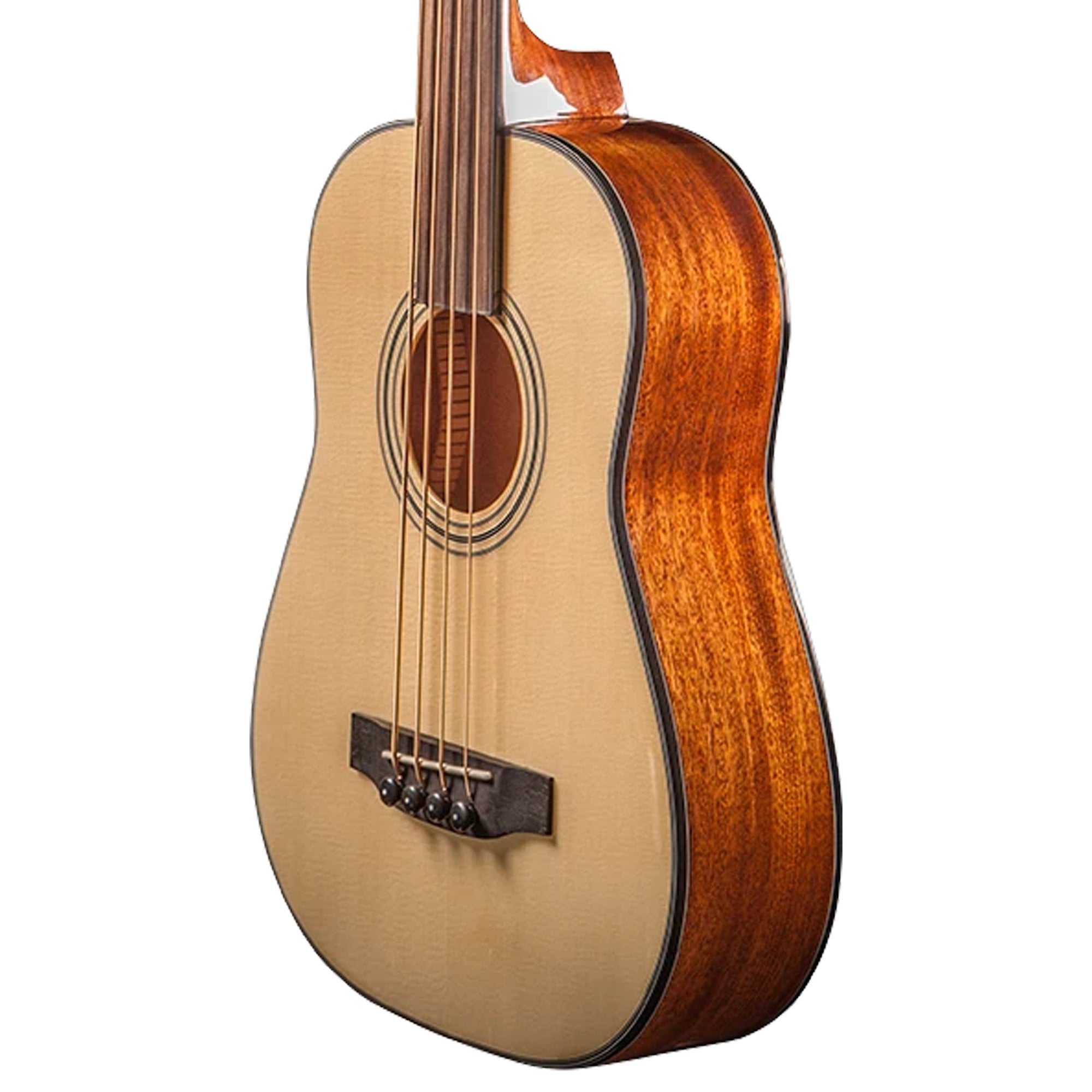 A Ohana OBU-22FL with a natural wood body and a glossy reddish-brown varnished side, shown against a solid white background.