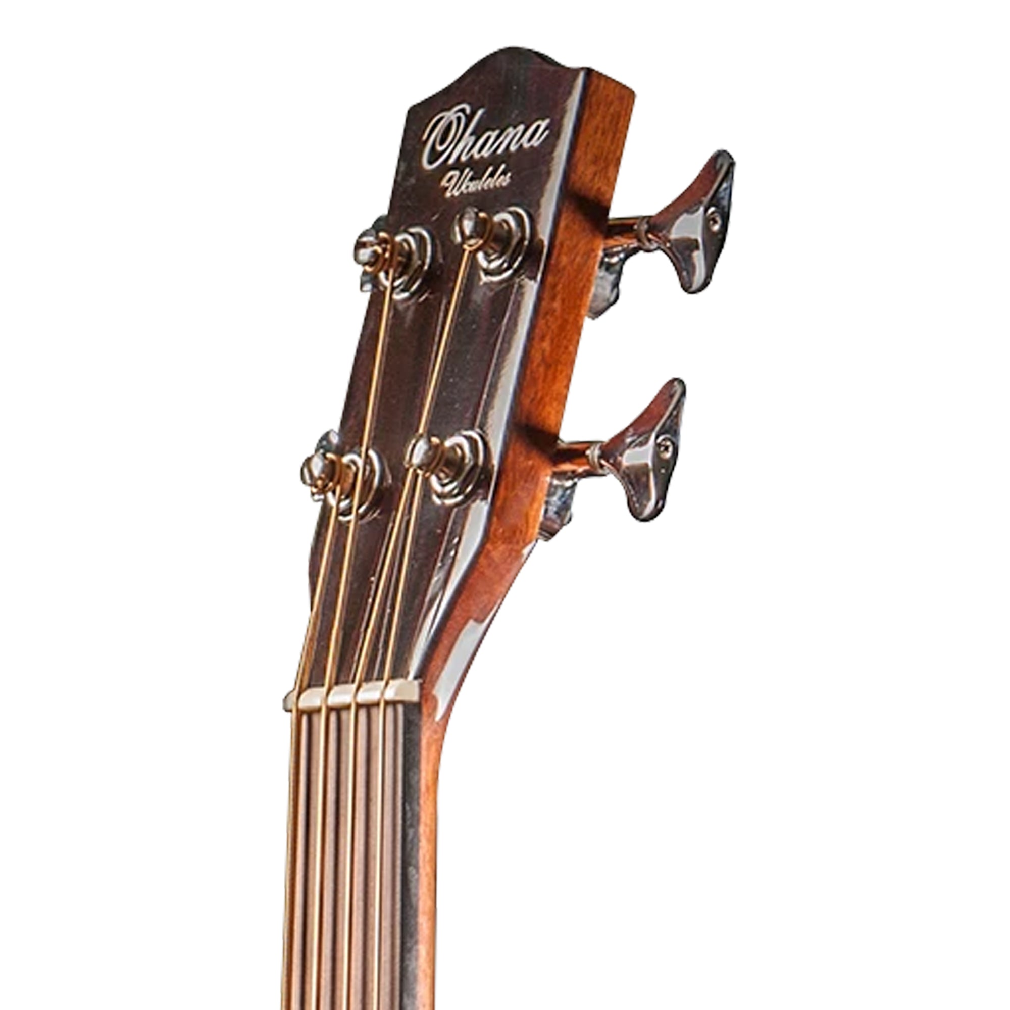 Close-up of the headstock of an Ohana, showing the four tuning pegs, strings, and the brand name 'Ohana' on a clean white background.