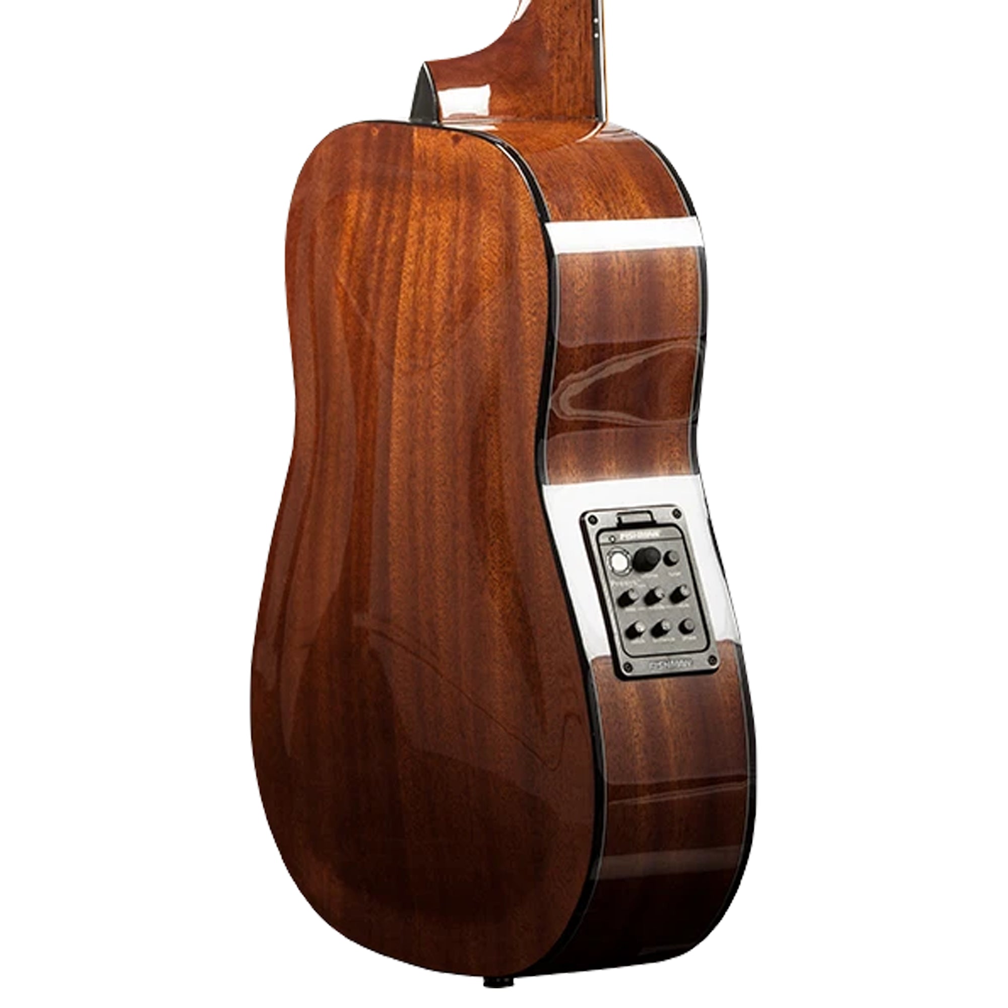 The back view of an Ohana OBU-22FL with a glossy brown wood finish, featuring a silver metal soundhole cover and control panel on a white background.
