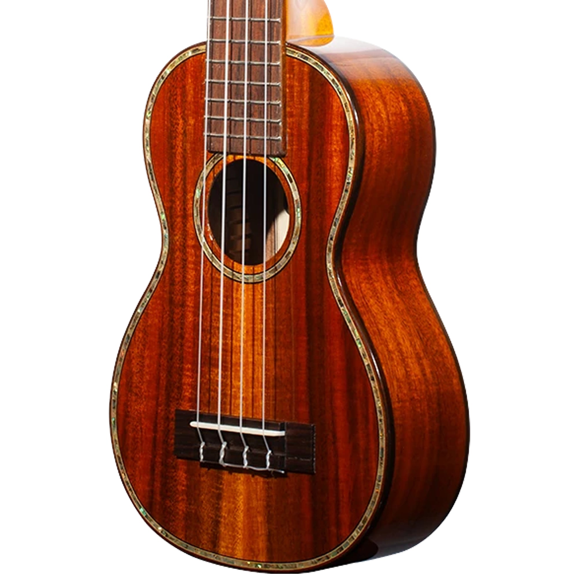 A close-up of a Ohana SK-270M ukulele showing its rich reddish-brown grain, sound hole, bridge, and decorative inlay on a solid white background.