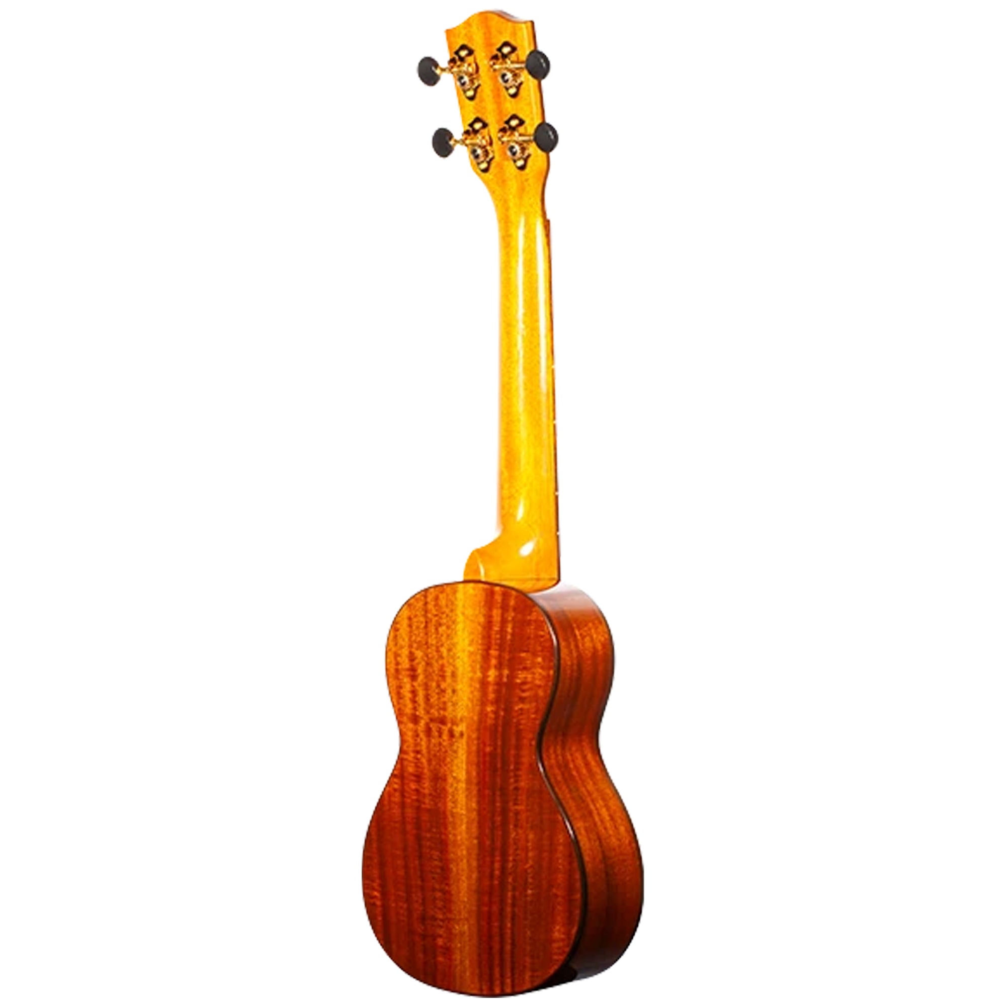 A close-up of a Ohana SK-270M ukulele back and neck, featuring a glossy yellow headstock and a richly grained reddish-brown body, isolated on a white background.