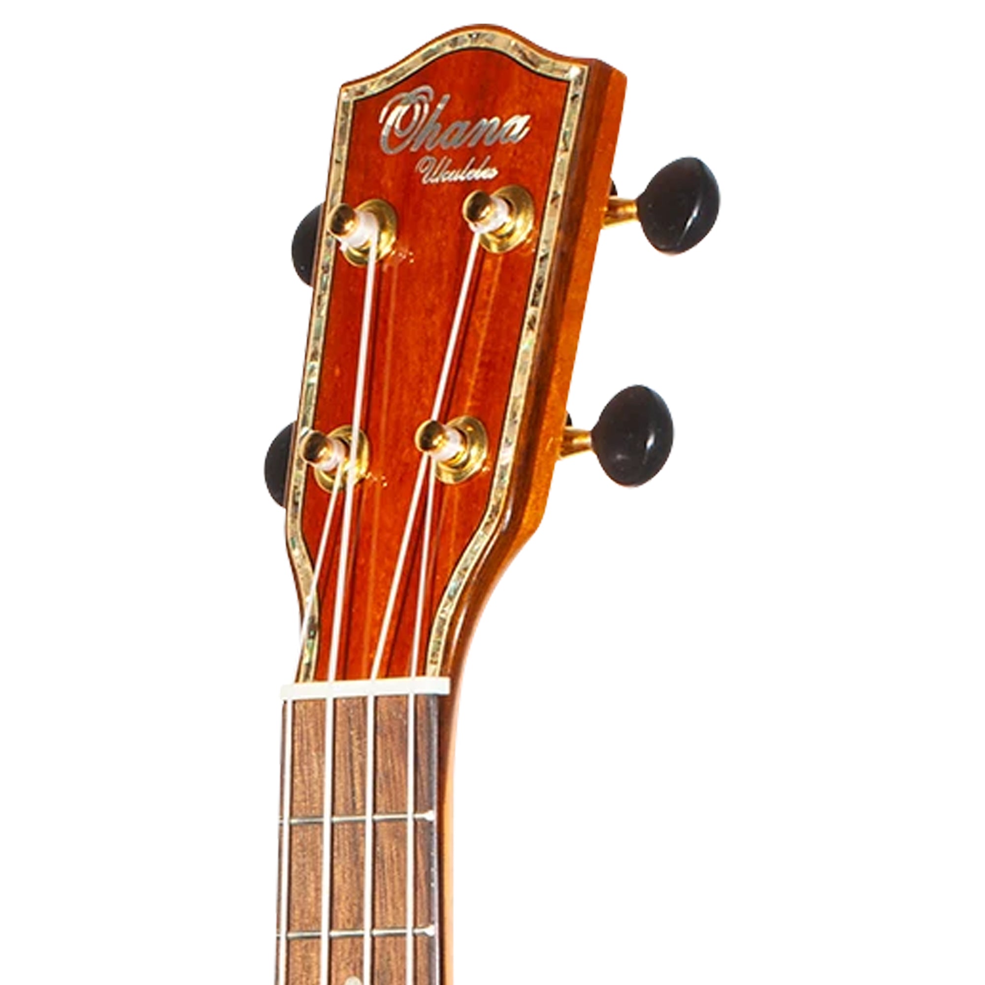 Close-up of the headstock of an Ohana Ukulele, showing the brand name 'Ohana' in silver script on a reddish-brown wooden background, with four black tuning weights and gold tuning pegs.