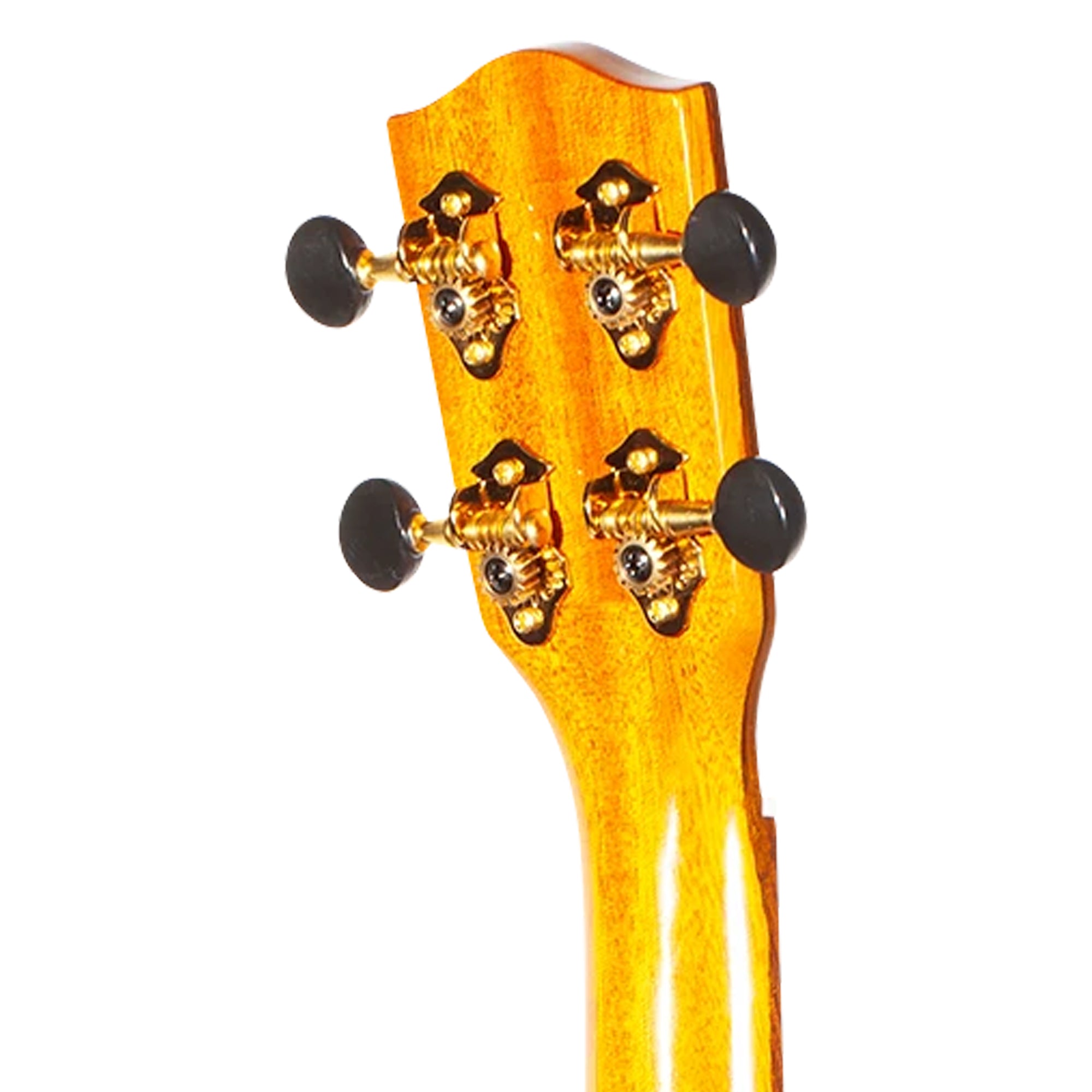 Close-up of the headstock of a ukulele, showing four gold tuning pegs with black knobs against a bright orange-yellow glossy finish, isolated on a white background.