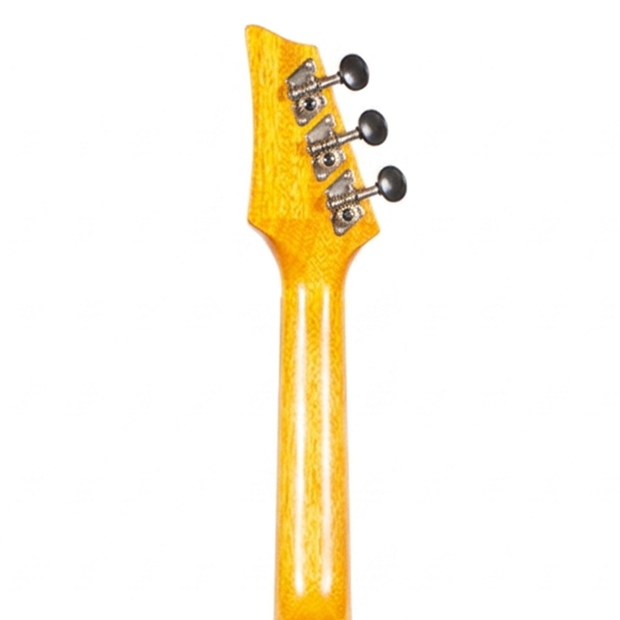 Close-up of a uke neck with tuning pegs on a white background