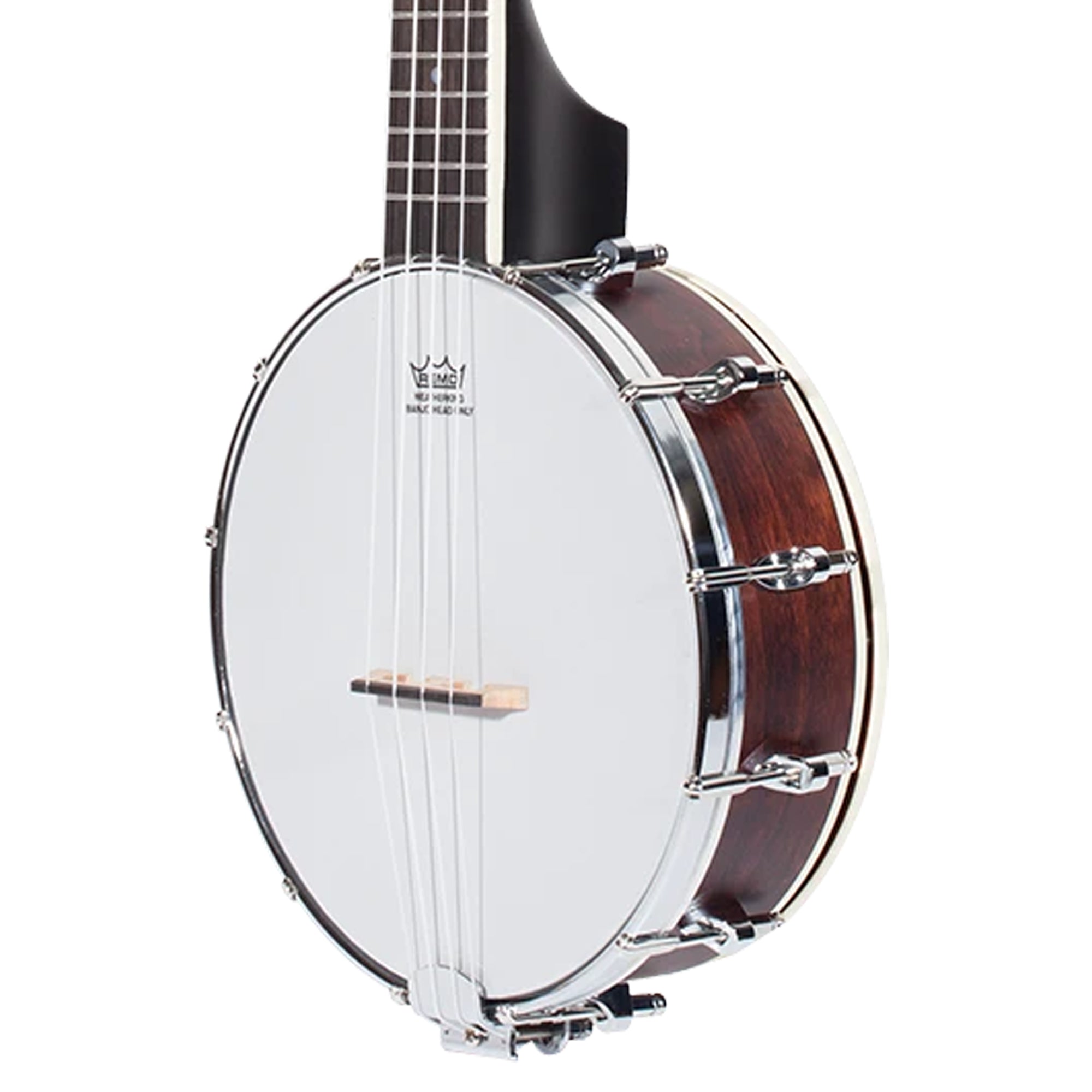 A close-up side view of a Ohana TK-120BUC showing the white snare drum head, chrome hardware, dark brown wooden body, and part of the black neck against a white background.