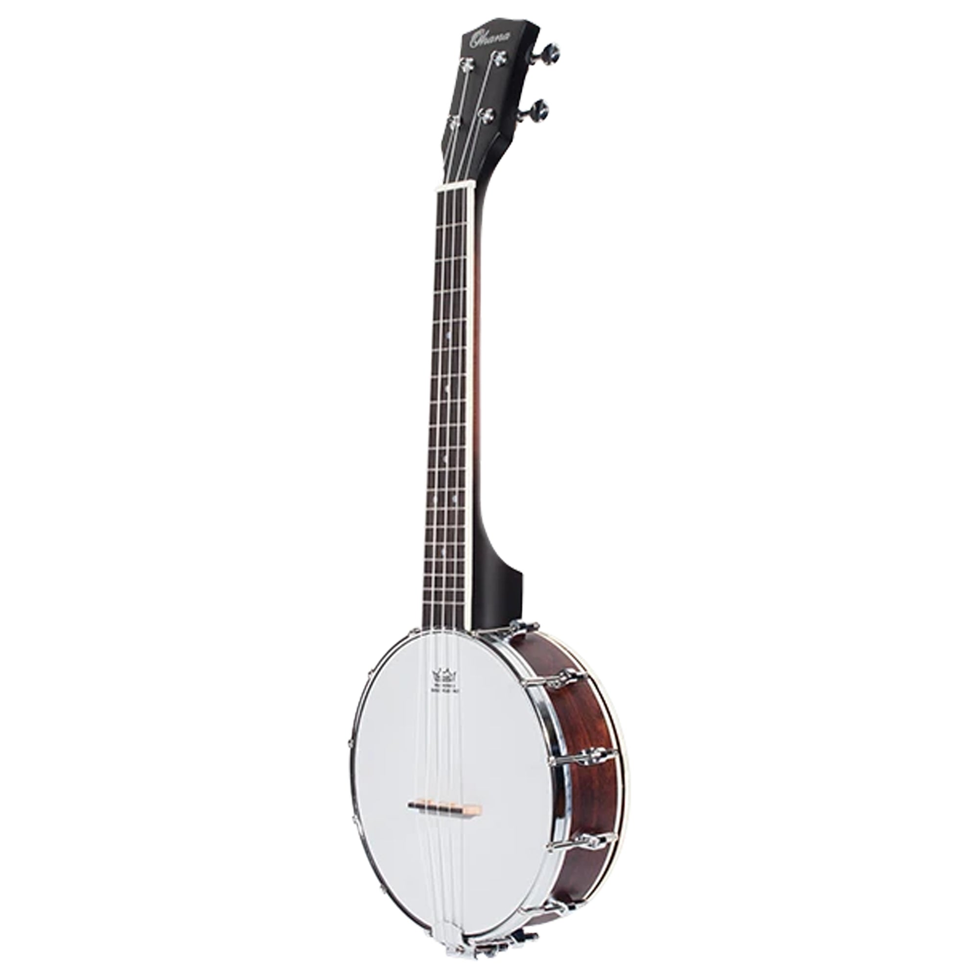 A Ohana TK-120BUC with a glossy dark brown wood body, a black neck, and a white headring, shown against a solid white background.