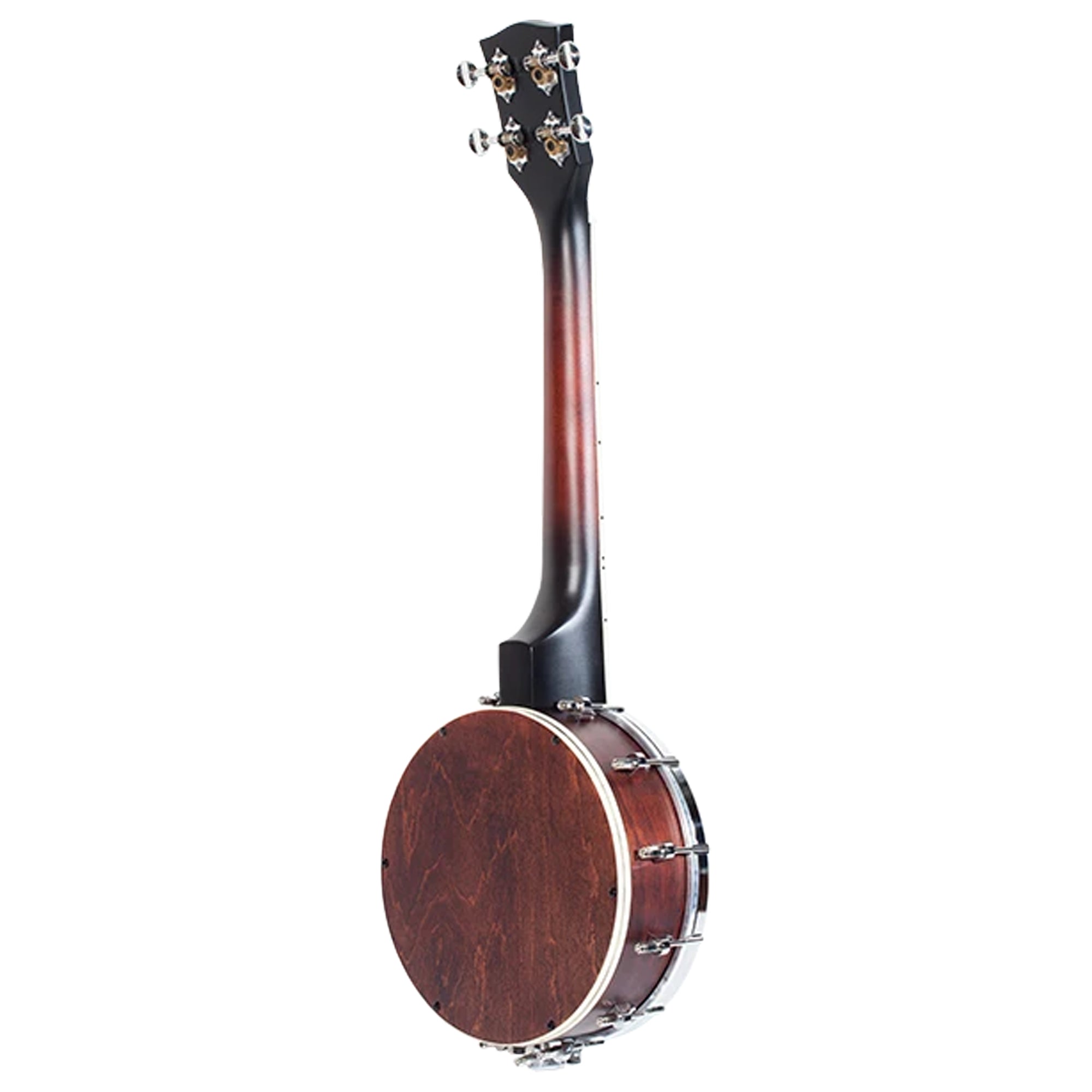 A Ohana TK-120BUC shown from the back, featuring a dark reddish-brown wood body, a black neck, and silver metal tuning hardware, isolated on a white background.