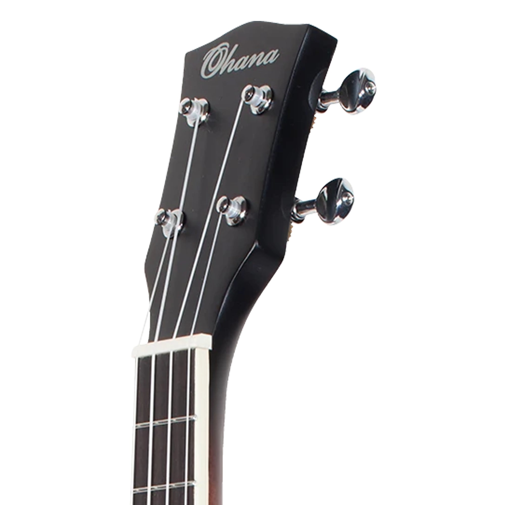 Close-up of the headstock of a black ukulele with four tuning pegs, four strings, and the brand name 'Ohana' in white script on a clean white background.