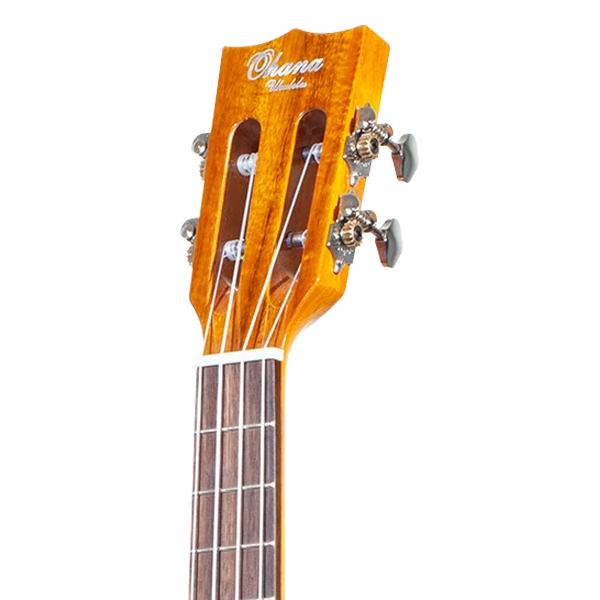 Close-up of the headstock and upper neck of a Oona Ukulele, showing the orange-gold wood finish, four tuning pegs, and four strings on a plain white background.