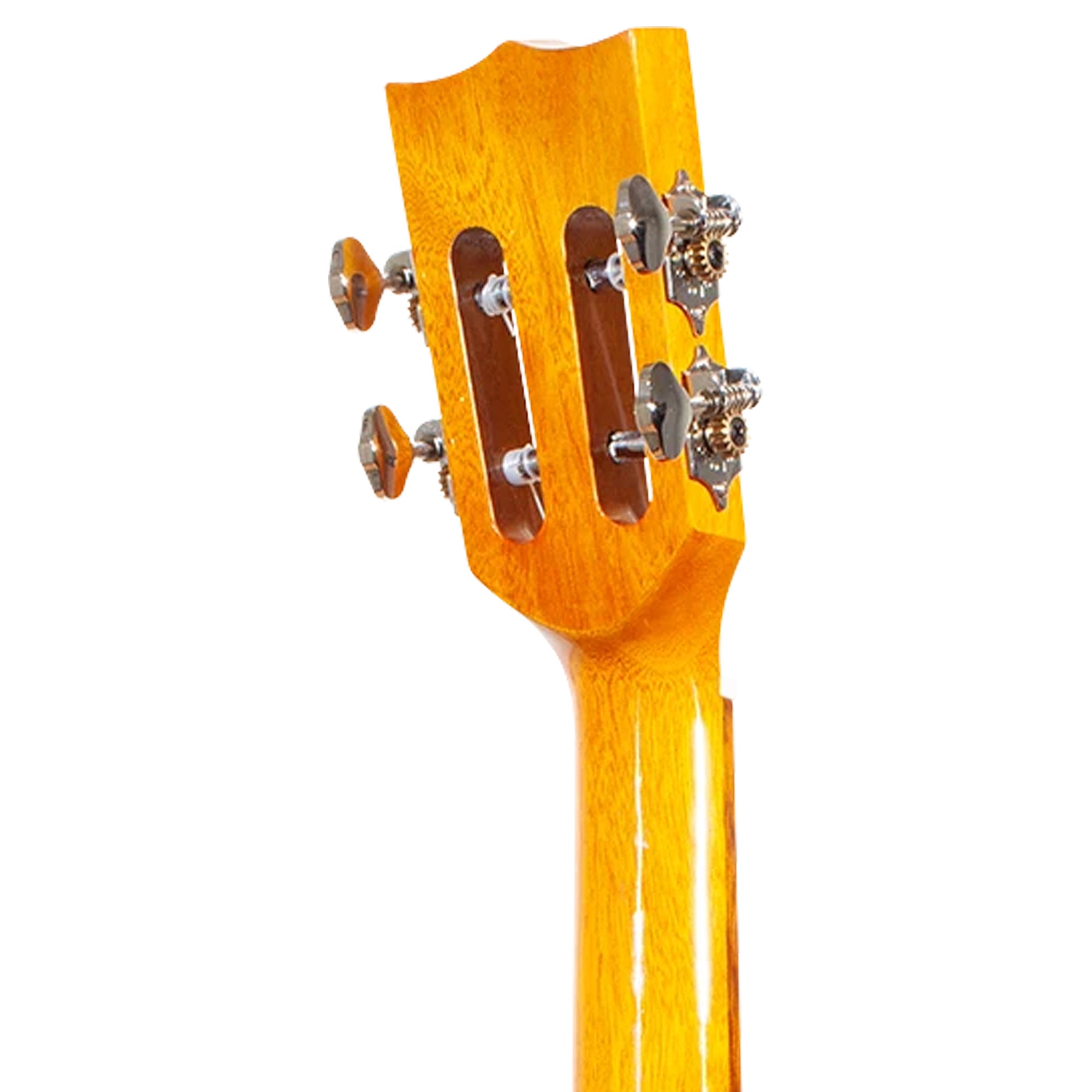 Close-up of the headstock of a double-necked acoustic guitar, showing the glossy orange-yellow wood finish and silver tuning pegs against a white background.