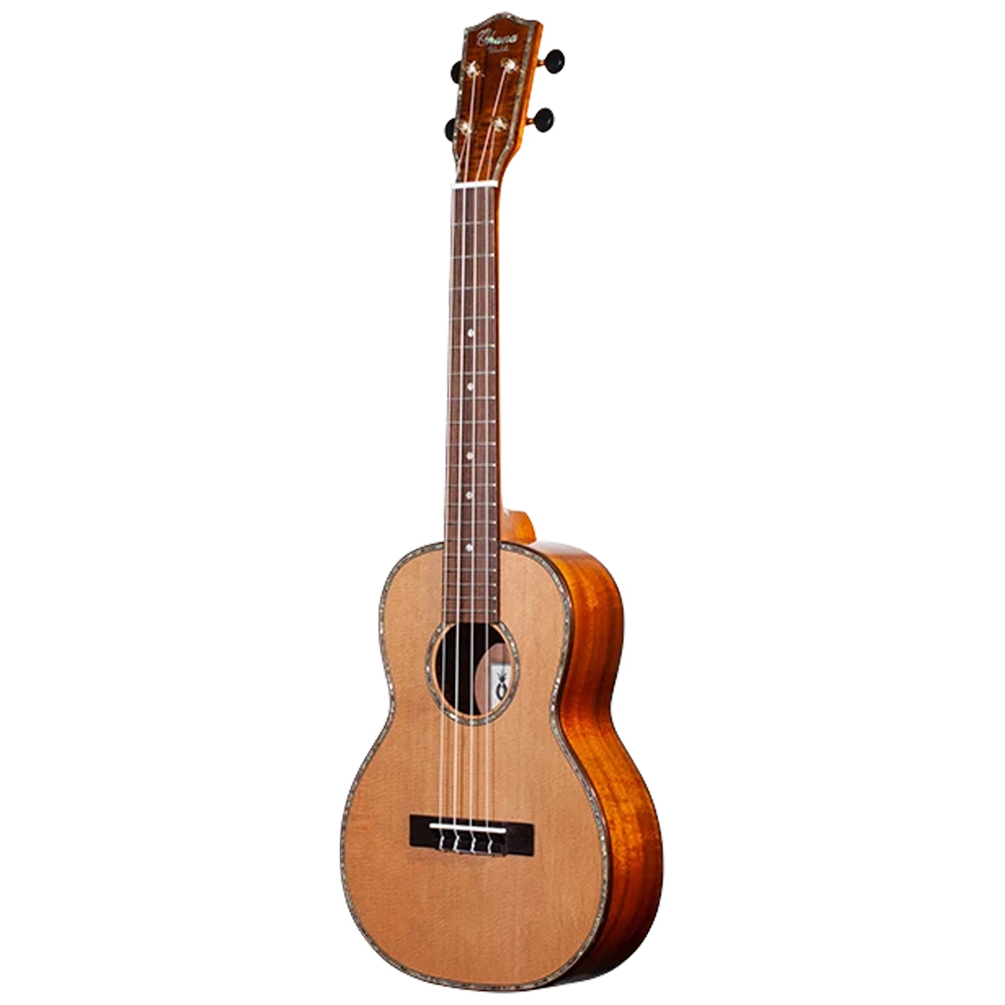A Ohana TK-260GCE ukulele with a natural cherry wood finish, shown from a side profile view against a solid white background.