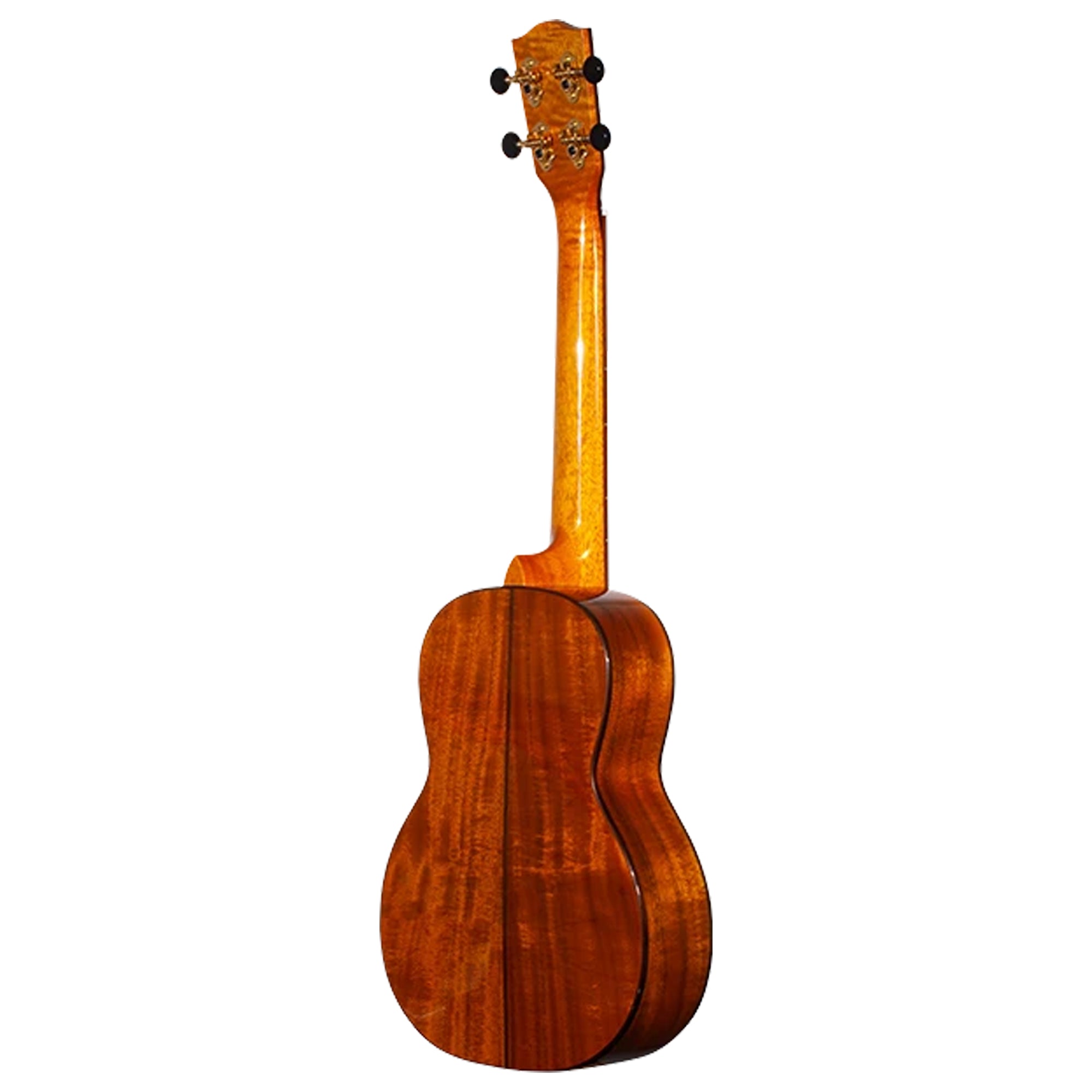 The back view of a Ohana TK-260GCE ukulele with a glossy, warm honey-brown finish and black tuning keys, isolated on a white background.