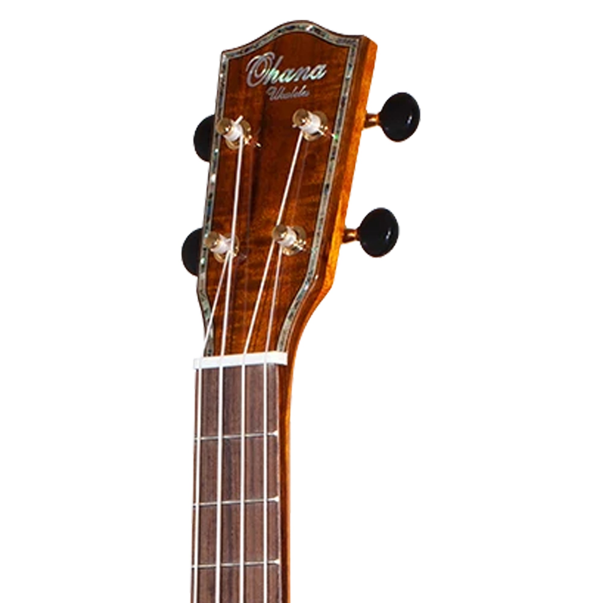 Close-up of the headstock of an Ohana Ukulele, showing the brand name, four tuning pegs, and four strings against a solid white background.