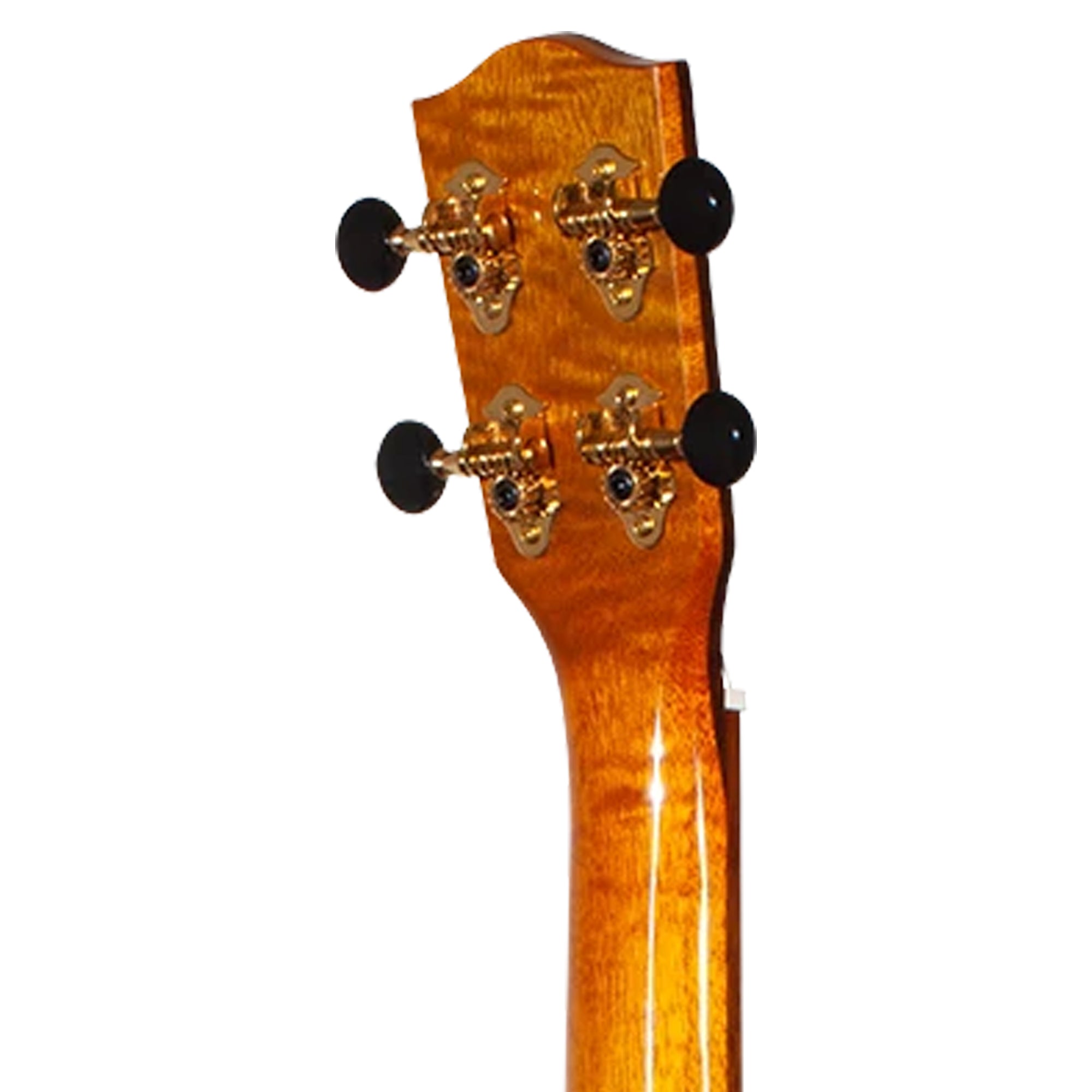 Close-up of the headstock of a wooden stringed instrument, showing four gold tuning pegs with black knobs against a plain white background.