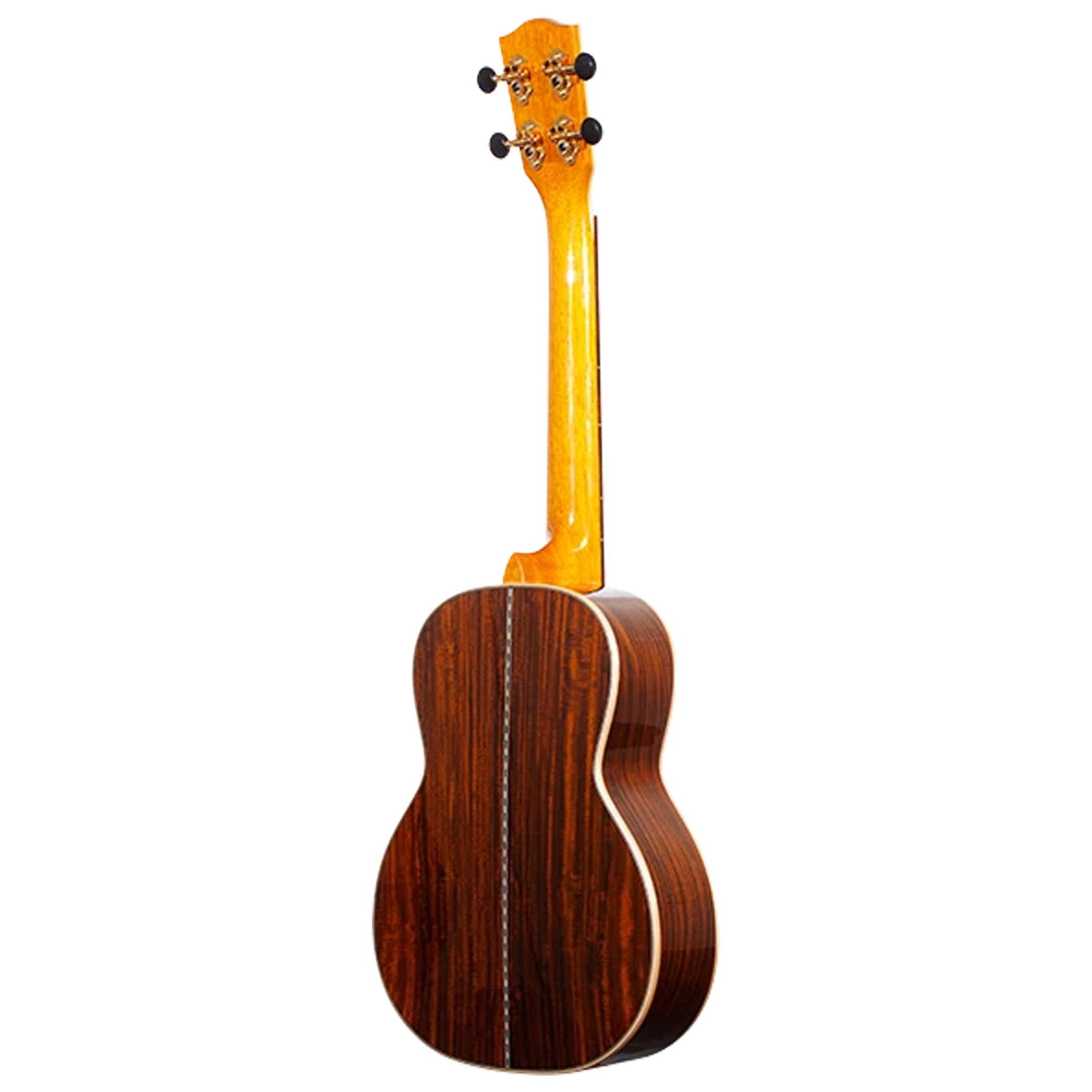 A Ohana TK-42 shown from the back, featuring a glossy dark brown wood grain body and a bright yellow-orange neck, isolated on a white background.
