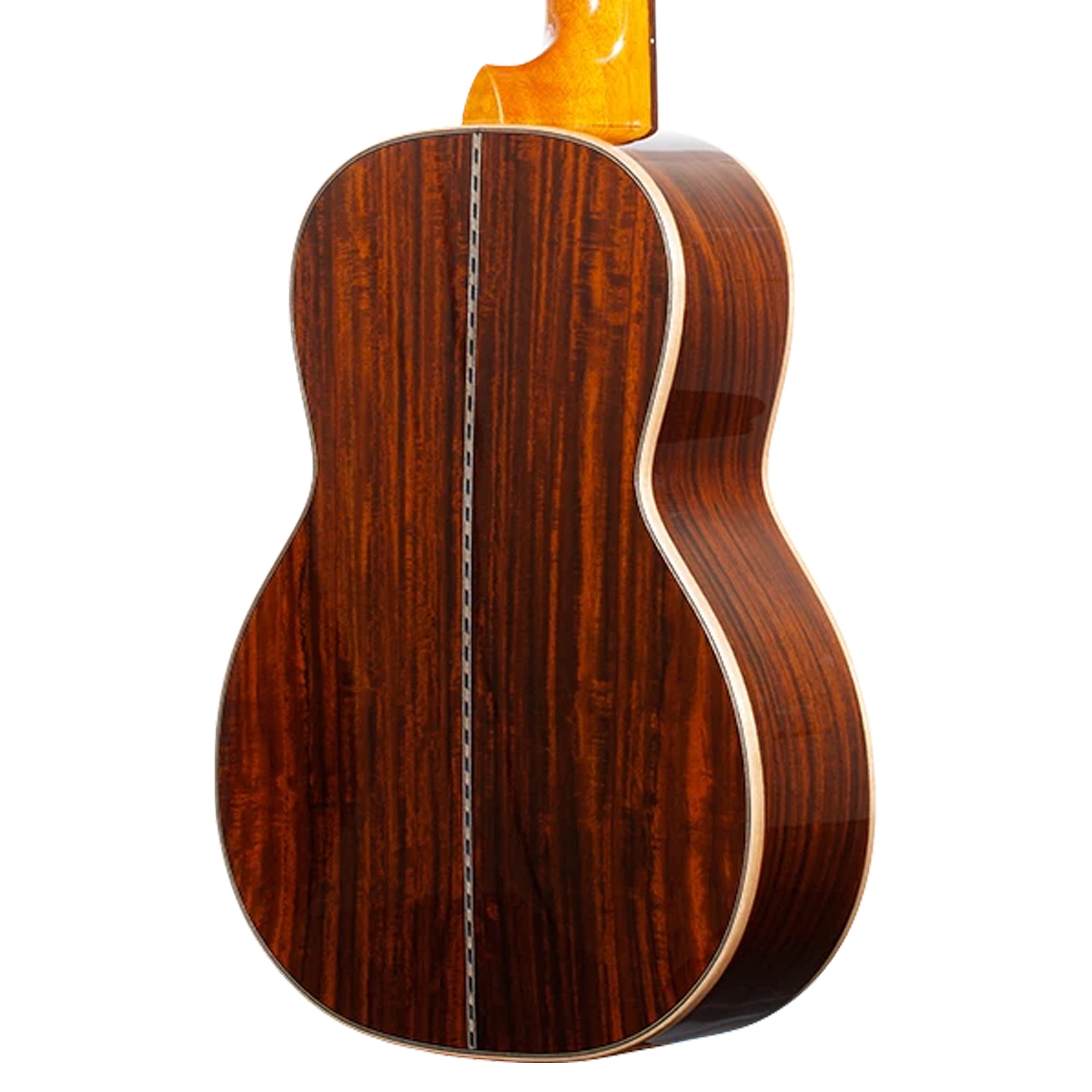 Close-up of the back of an Ohana TK-42 showing a rich dark brown wood grain finish, a central sound hole, and a light-colored binding edge against a white background.