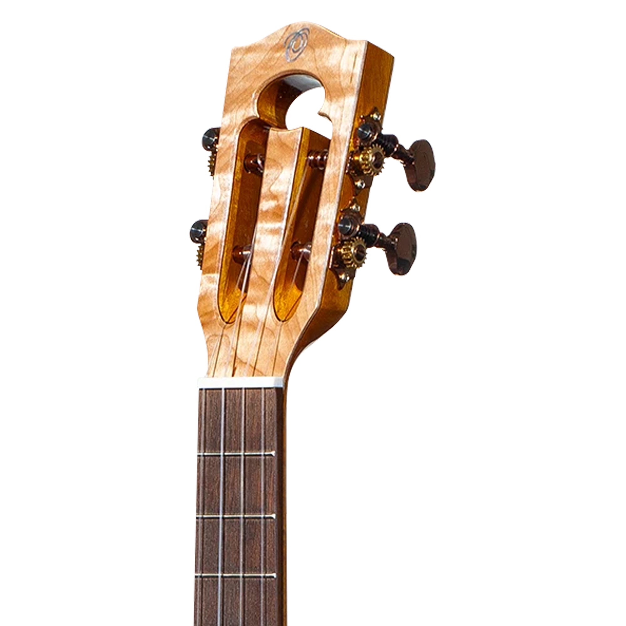 Close-up of a wooden stringed instrument headstock and neck, showing a natural flame maple top, four tuning pegs, and dark fretboard on a white background.