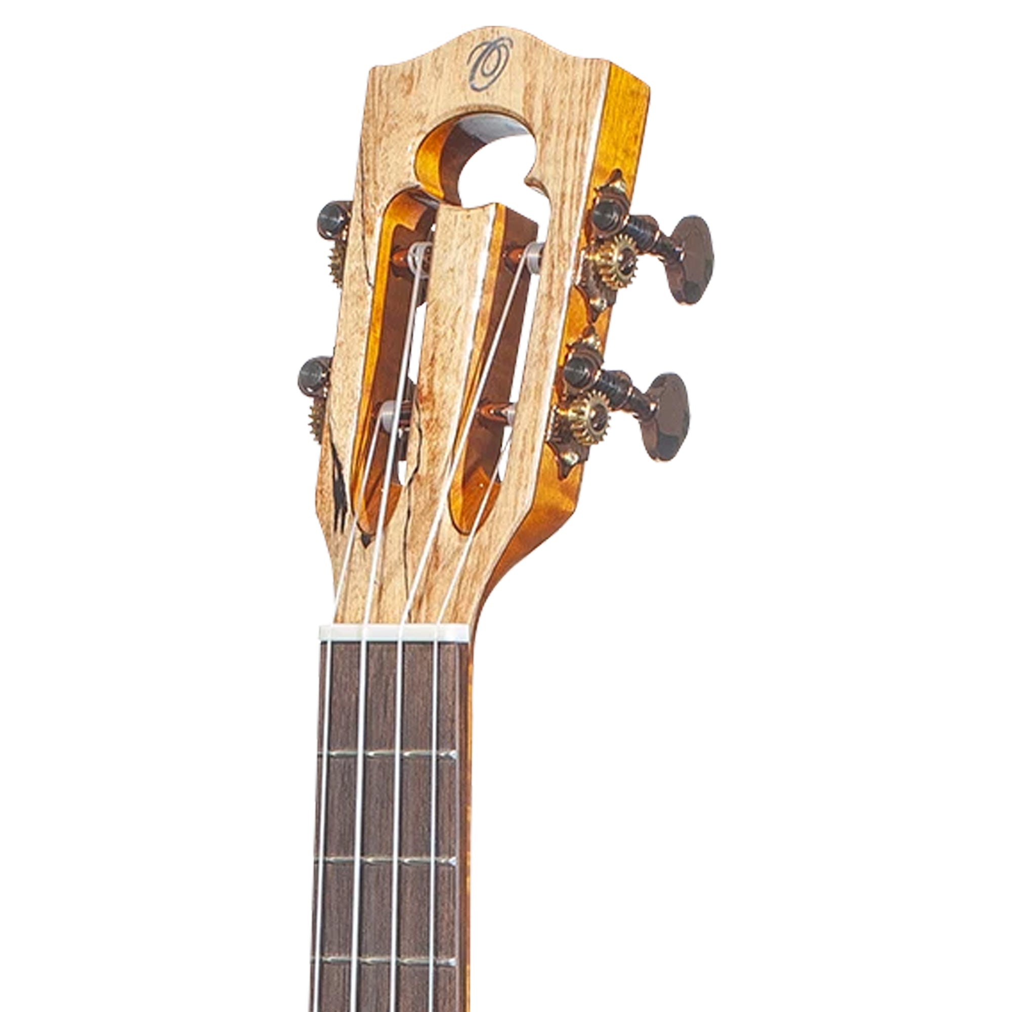 Close-up of a wooden ukulele headstock with four tuning pegs and four strings, shown against a plain white background.