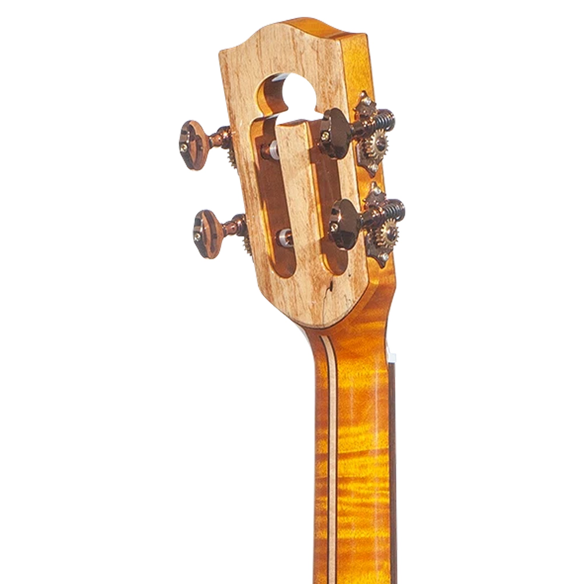 Close-up of a wooden instrument headstock with four tuning pegs and a bright orange-brown flamed maple finish, isolated on a white background.