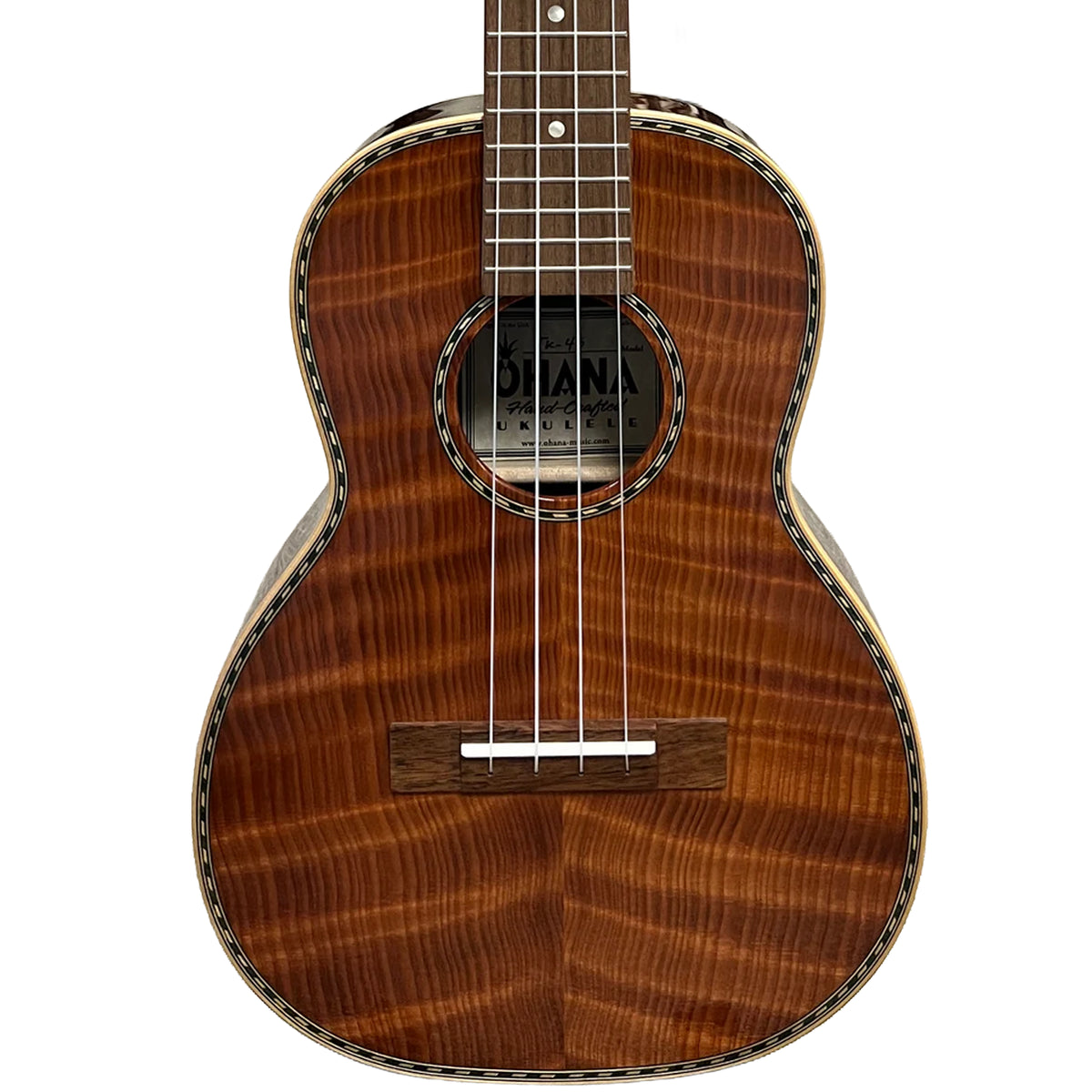 Ohana TK-45 curly redwood tenor ukulele, front with inlaid binding and rosette