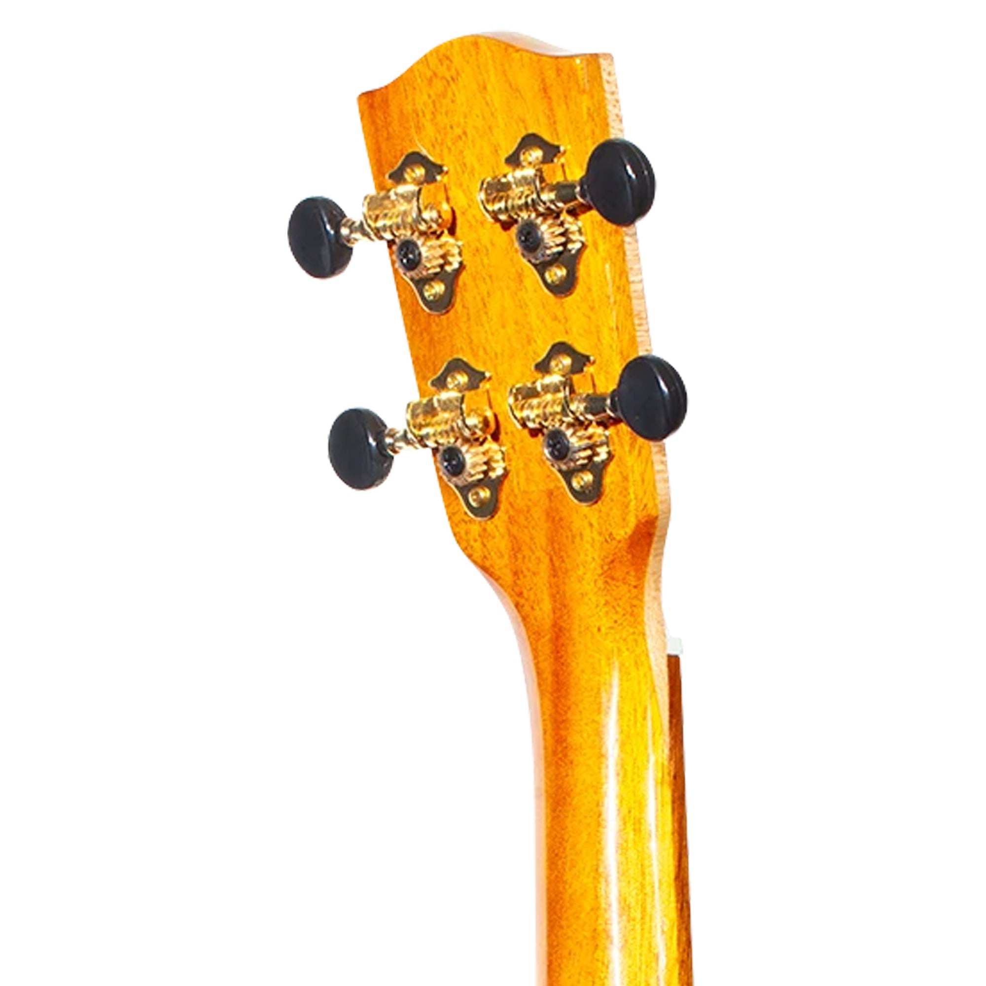 Close-up of a guitar headstock showing four gold tuning machines with black tuning keys, on a solid white background.