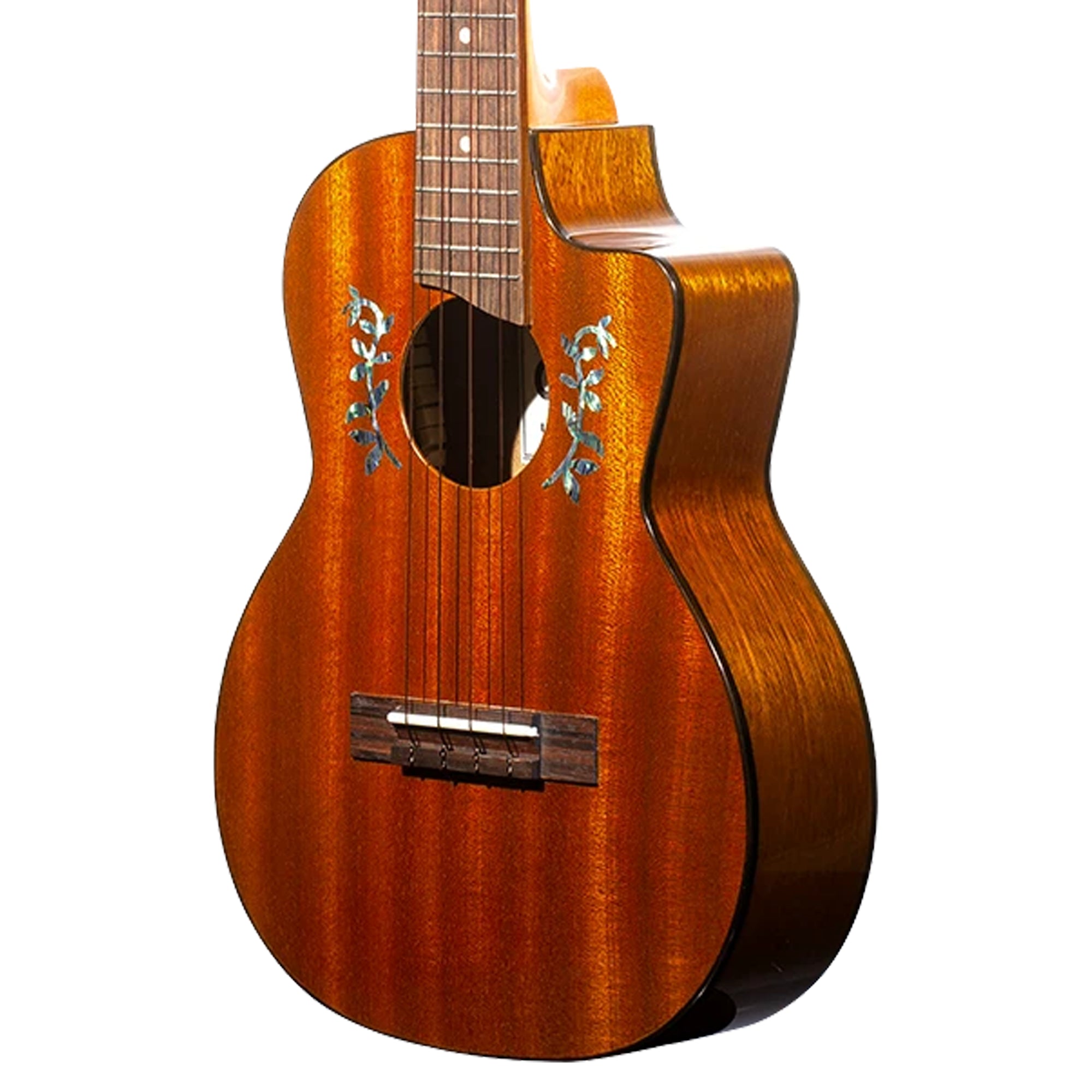 A Ohana TK-60CG ukulele with a glossy reddish-brown wood finish, featuring decorative silver floral inlays on the sides of the sound hole, shown against a plain white background.