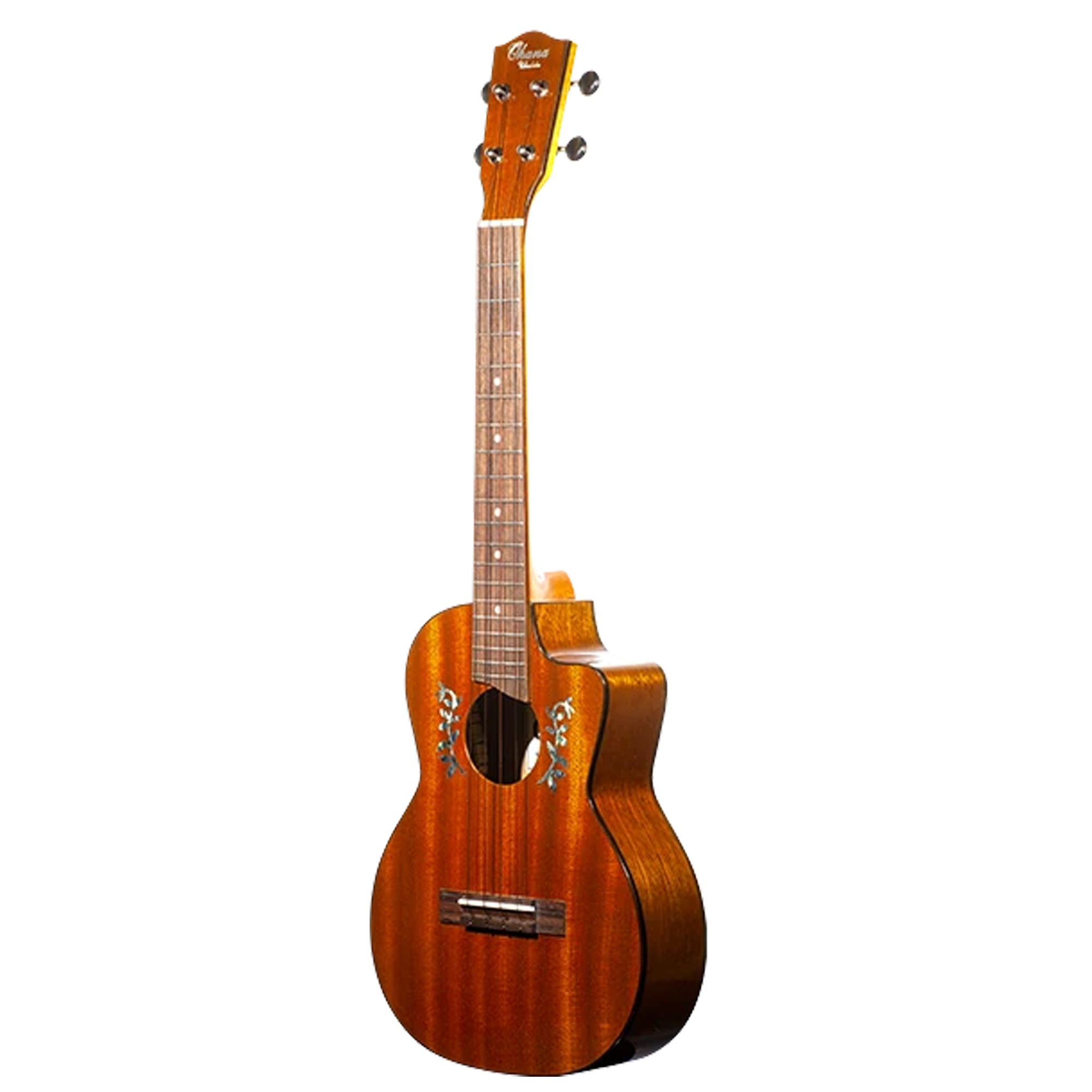 A cutaway Ohana TK-60CG ukulele with a warm reddish-brown wood finish, featuring decorative inlays around the sound hole and a black bridge, shown against a plain white background.