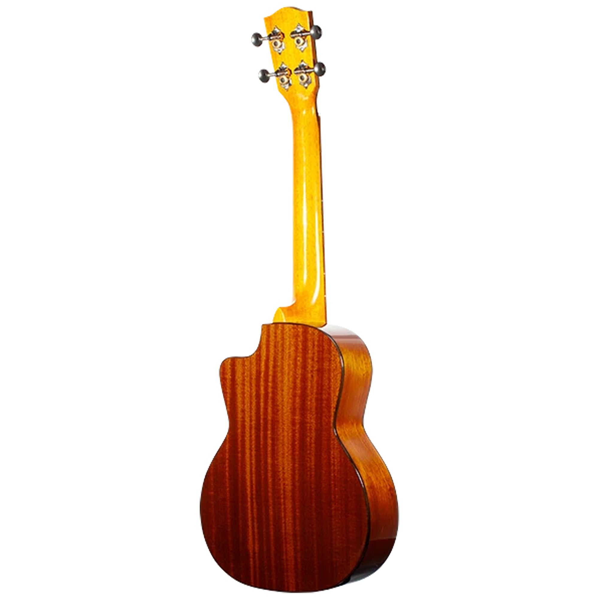 A close-up of a Ohana TK-60CG back side, showing a rich reddish-brown wood grain body and a bright yellow neck and headstock, isolated on a white background.
