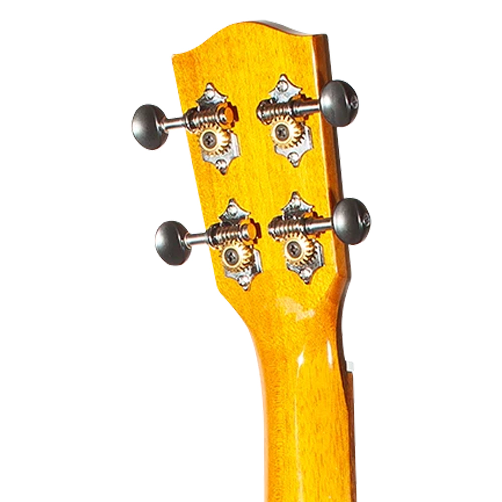 Close-up of the headstock of a guitar with a glossy yellow-orange finish and four silver tuning pegs on a white background.
