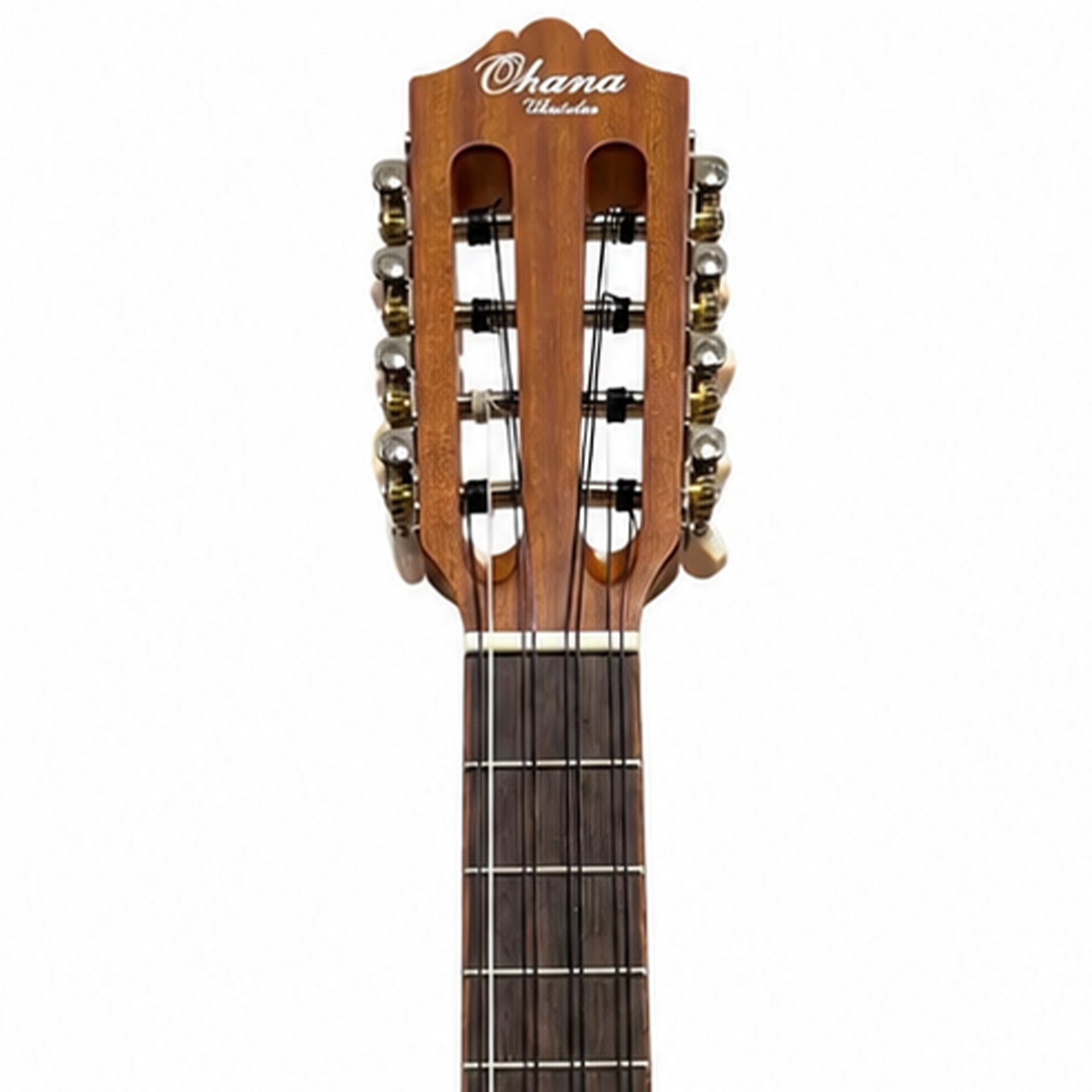 Close-up of the headstock and upper neck of an Ohana, showing the wooden headstock, six tuning pegs, and six strings against a plain white background.