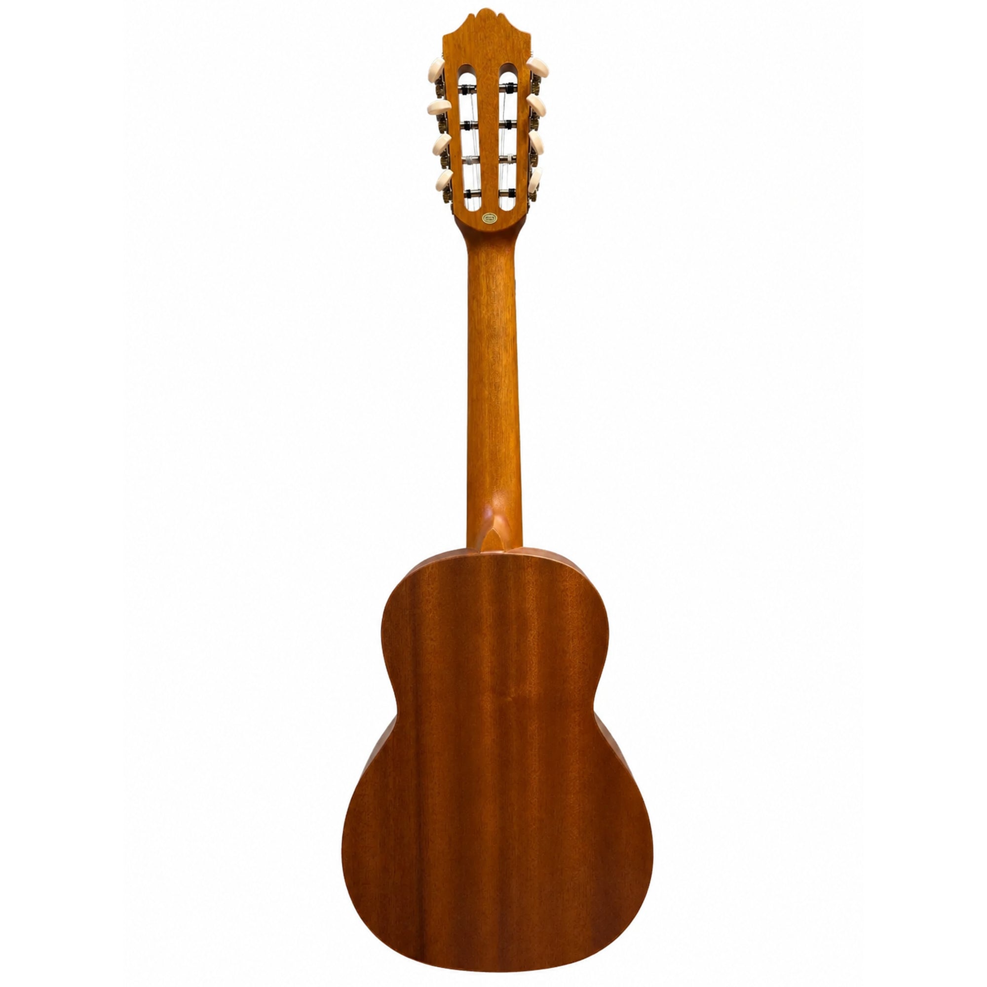 The back view of a Ohana TK-70-8 with a natural wood finish, showing the soundboard and headstock, isolated on a white background.