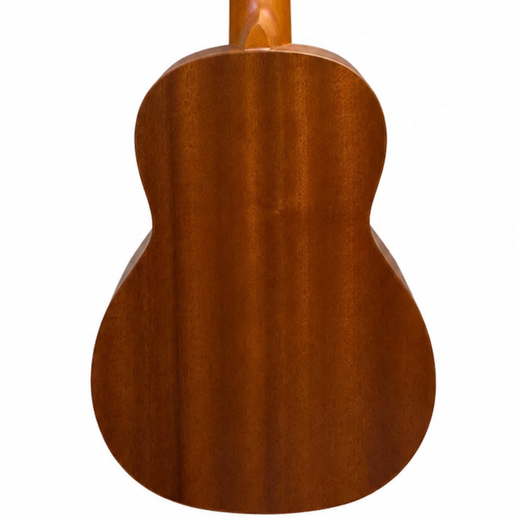 Close-up of the back of a Ohana TK-70-8, showing a rich warm brown wood grain finish against a white background.