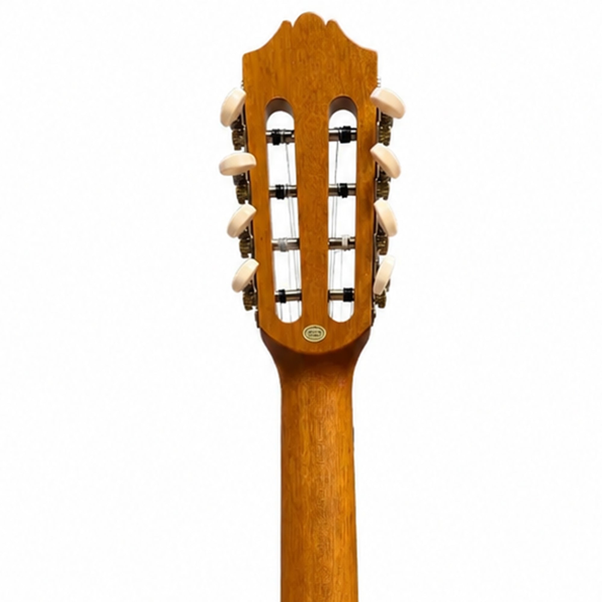 Close-up of the headstock of a ukulele, showing six tuning pegs and a warm brown wood finish against a white background.