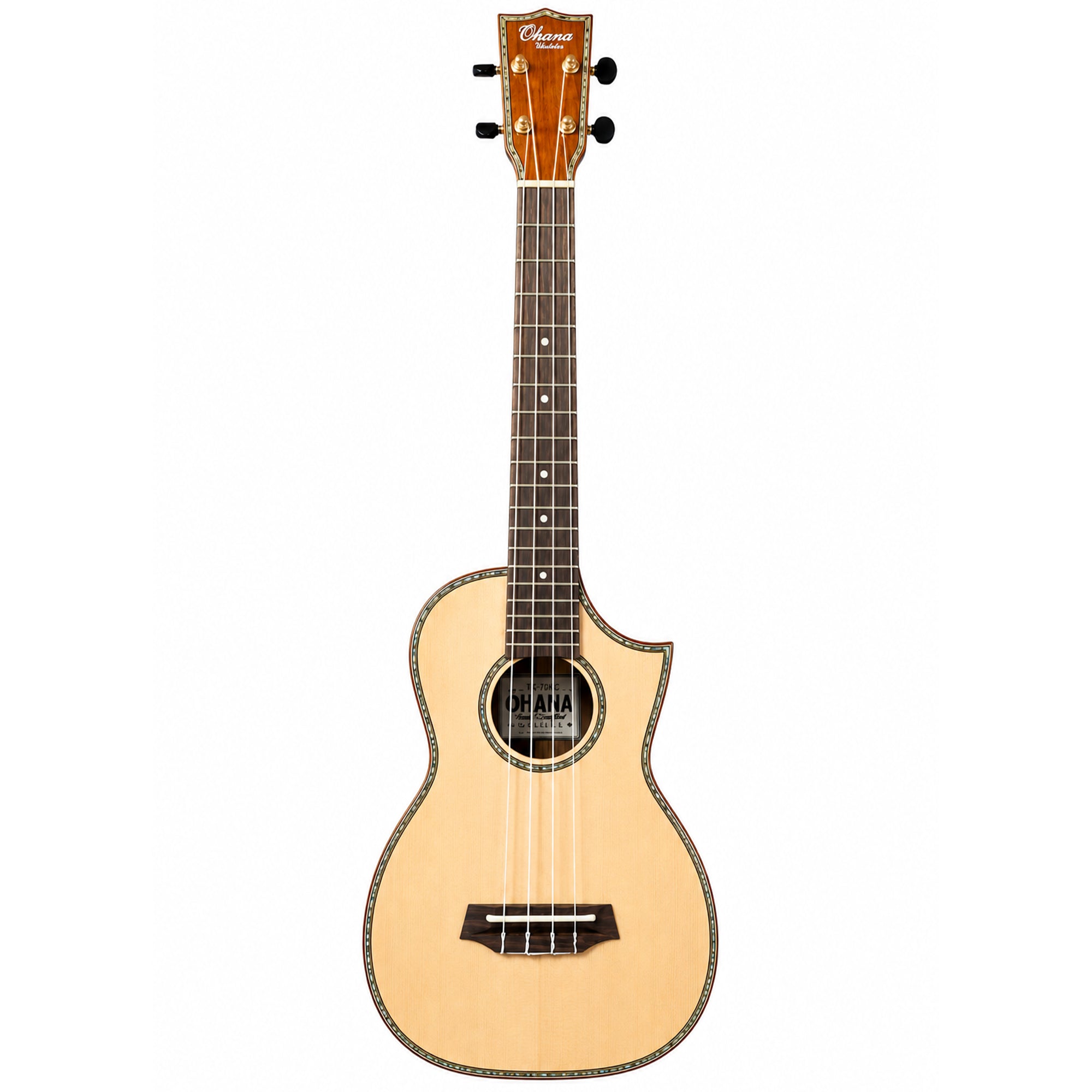 A Ohana TK-70KC Limited Edition Tenor Ukulele with a natural light wood body, dark brown fretboard, and black tuning pegs, shown against a plain white background.