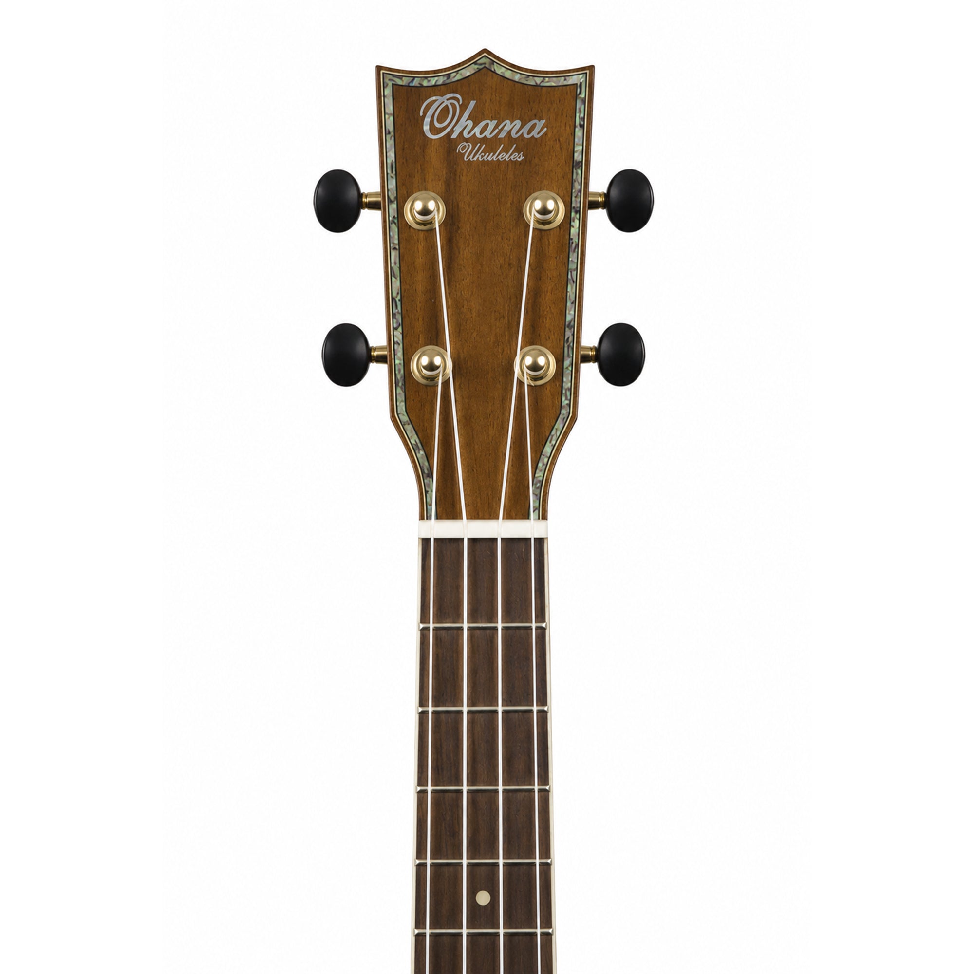 Close-up of the headstock and upper neck of a ukulele, showing the brand name on a brown wooden headstock with black tuning knobs, against a plain white background.