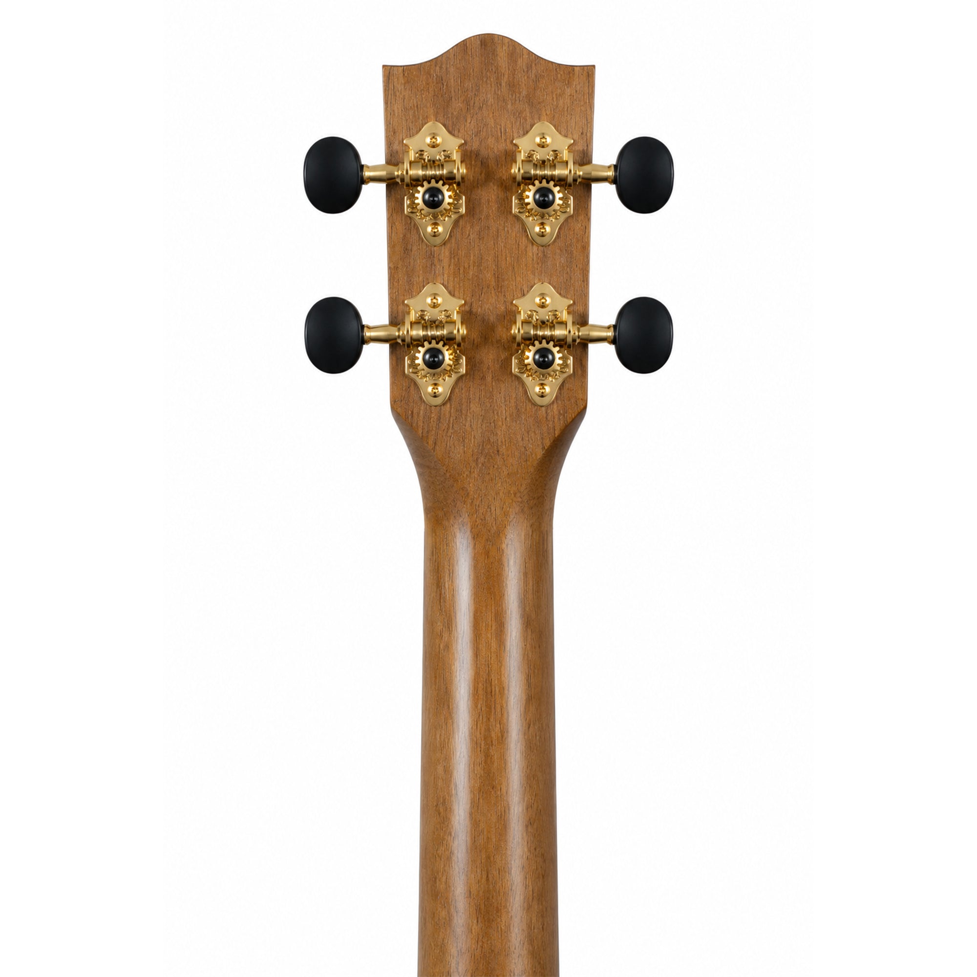 Close-up of the headstock of a wooden stringed instrument, showing four gold tuning pegs with black knobs on a plain white background.