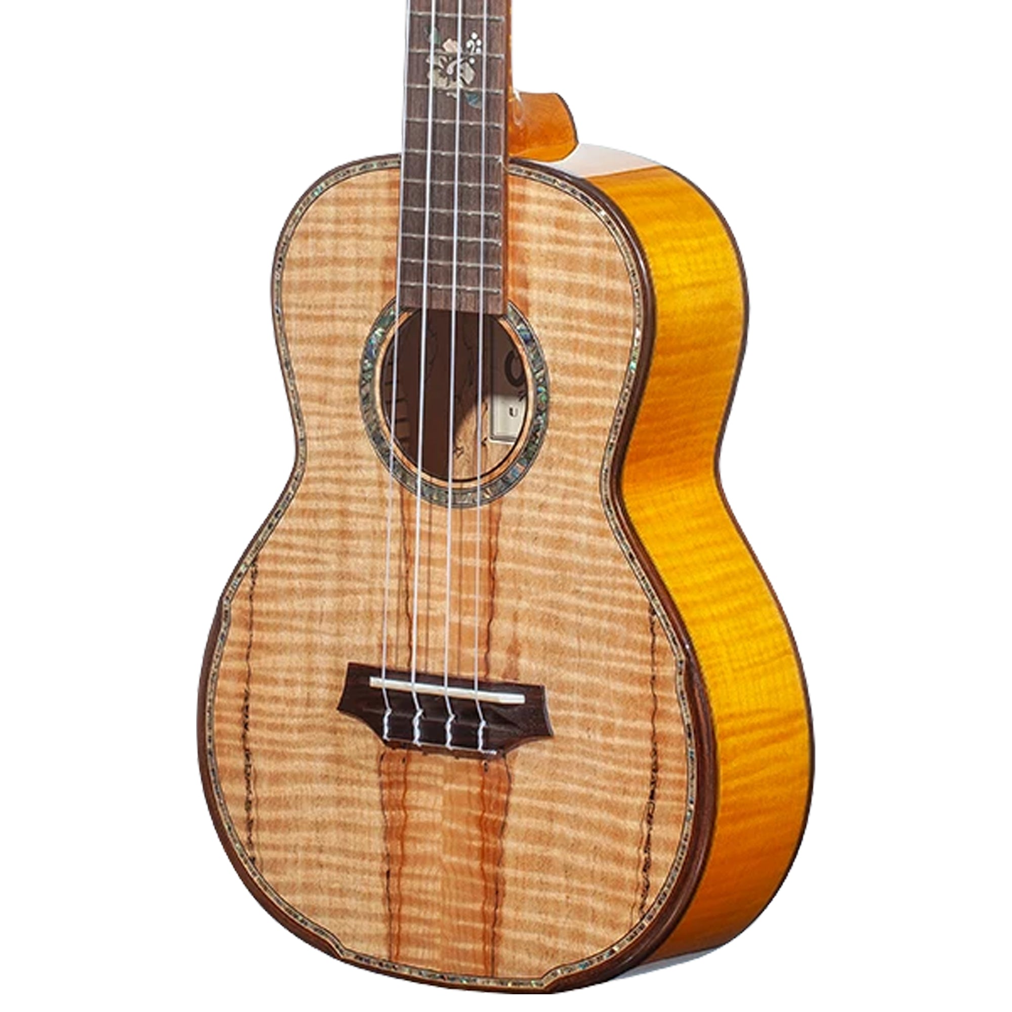 A close-up of a Ohana TK-450SMP ukulele showing its natural flamed maple top, sound hole rosette, dark fretboard, and bright orange-gold sides, isolated on a white background.