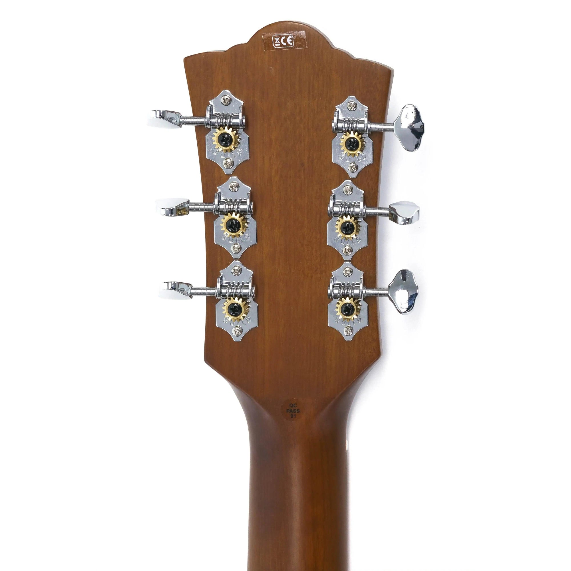 Close-up of a guitar headstock with tuning pegs on a white background