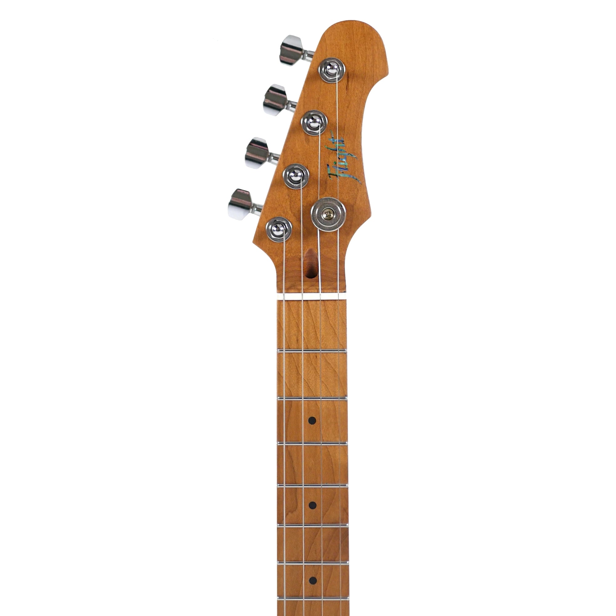Close-up of the Flight Pathfinder RD headstock and roasted maple fretboard with black dot fret markers and a bone nut.