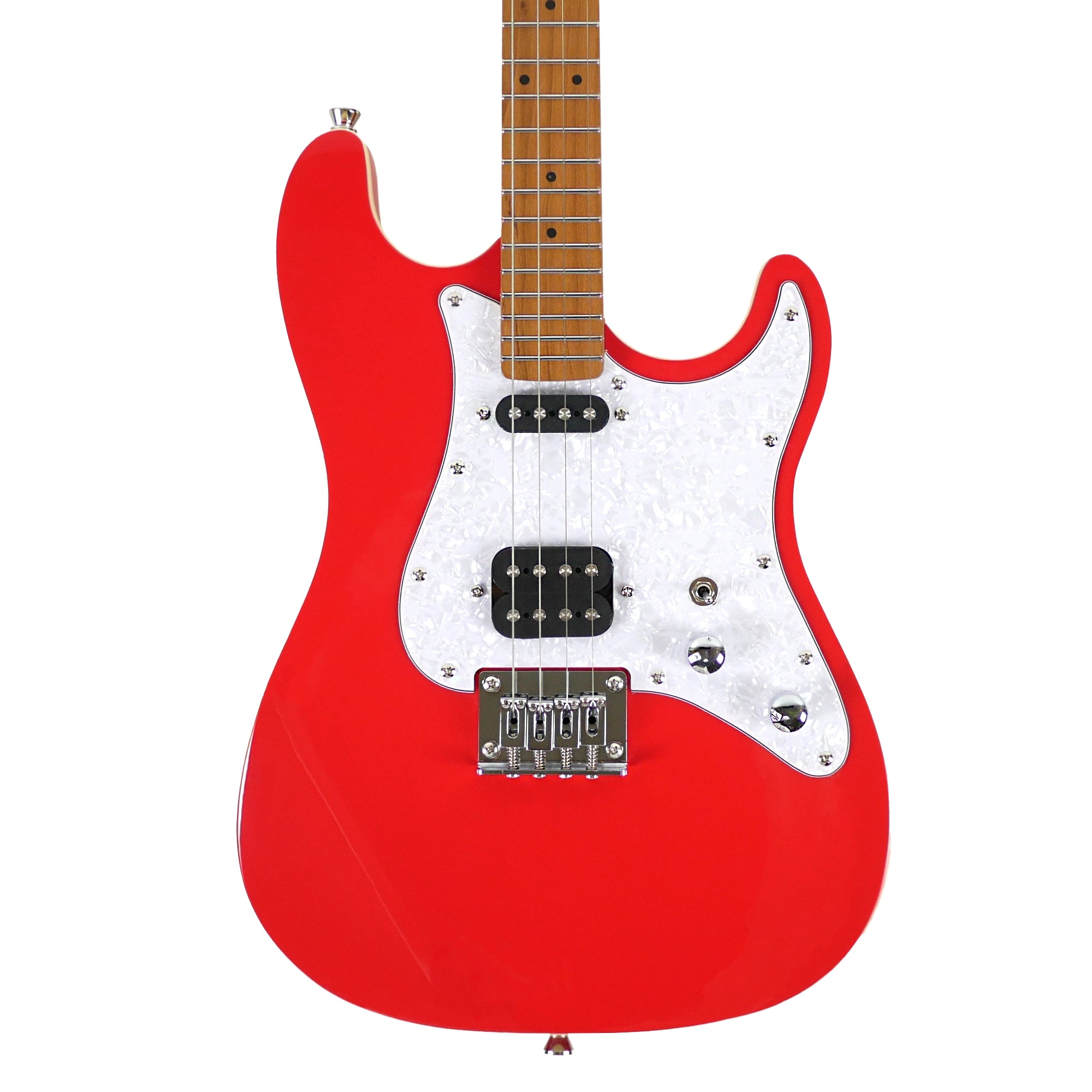 Close-up front view showcasing the red basswood body, white pickguard, humbucker, single-coil pickup, and hardtail fixed bridge.