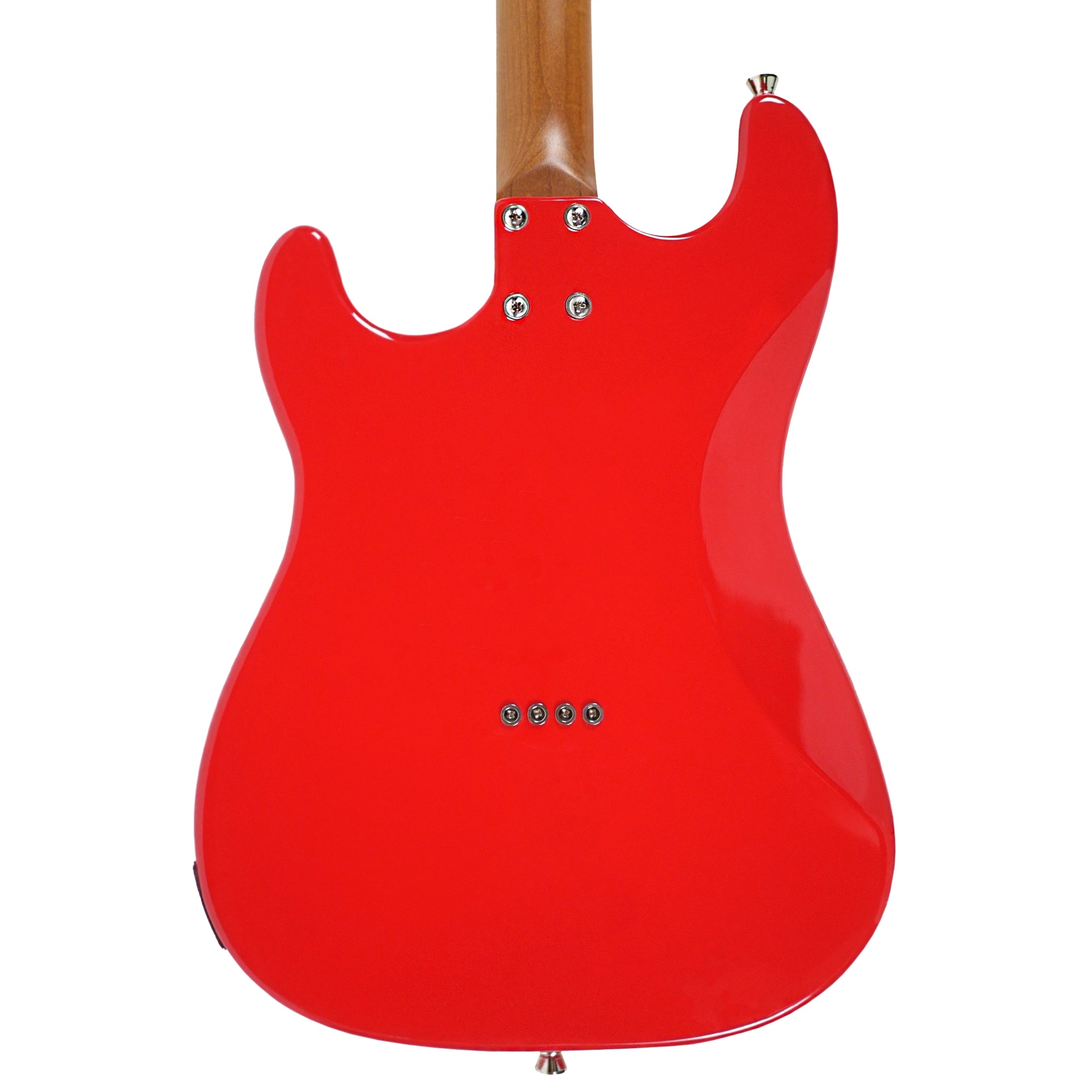 Rear view highlighting the red basswood body, dual-cutaway design, and roasted maple neck.