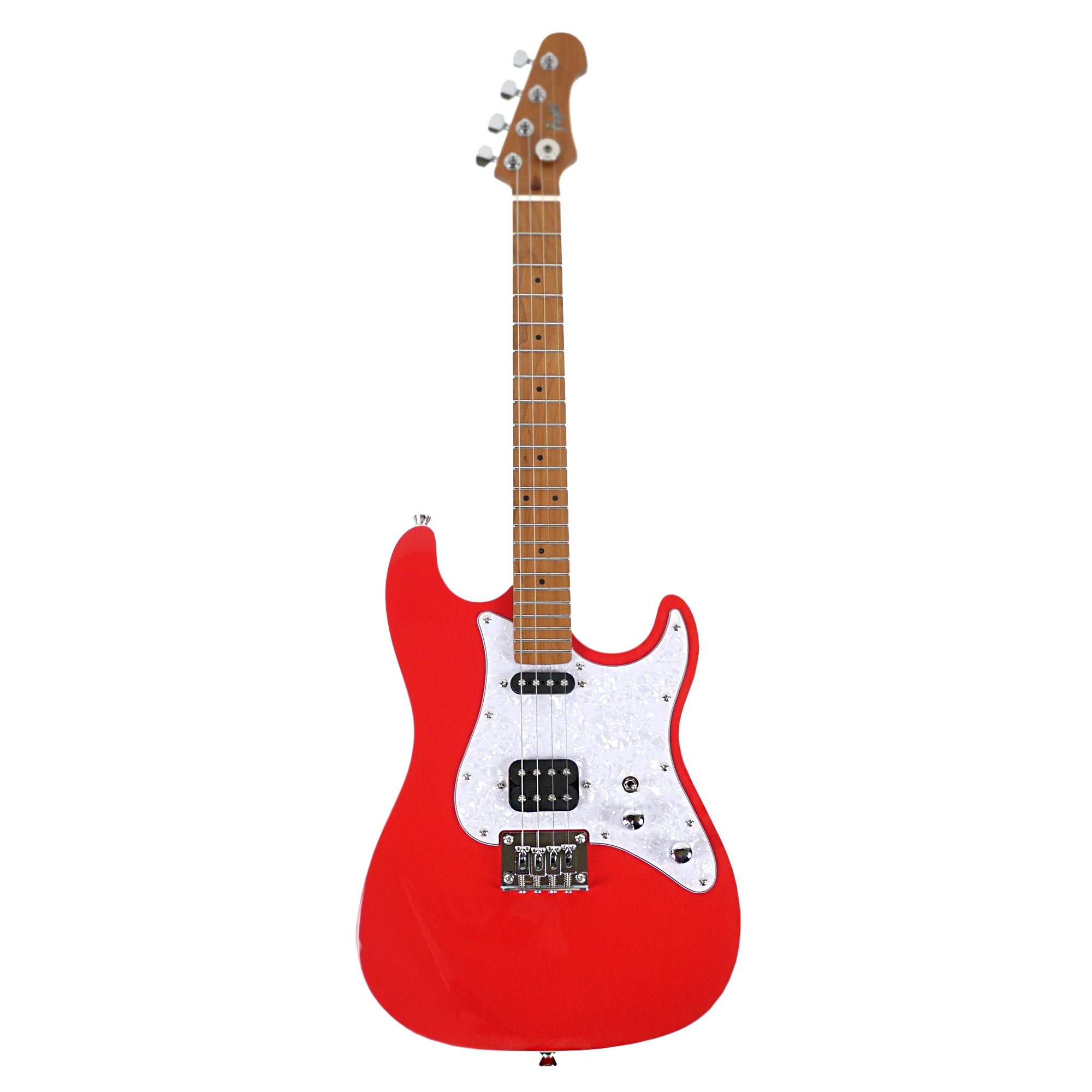Full front view of the Flight Pathfinder RD Electric Baritone Ukulele featuring its red finish, roasted maple fretboard, and dual-cutaway body.