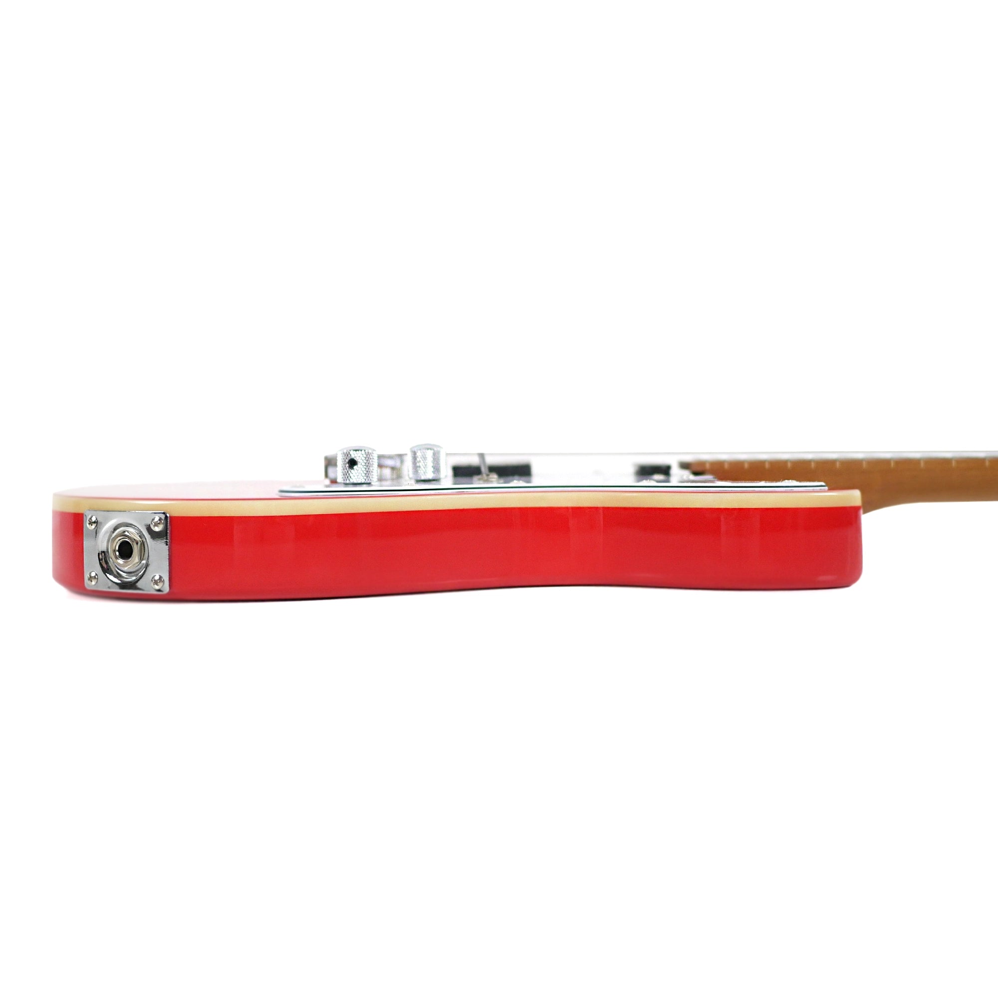 Side profile highlighting the red body, white ABS binding, control knobs, and output jack.