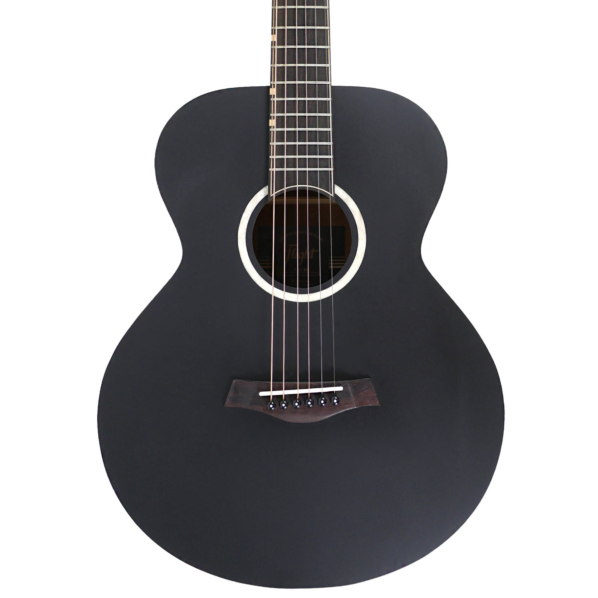 The close-up highlights the black solid spruce top, white acrylic rosette, and rosewood bridge of the Flight PIXI BK.
