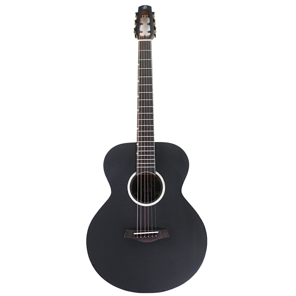 The full front view showcases the compact travel guitar body and black solid spruce top of the Flight PIXI BK.