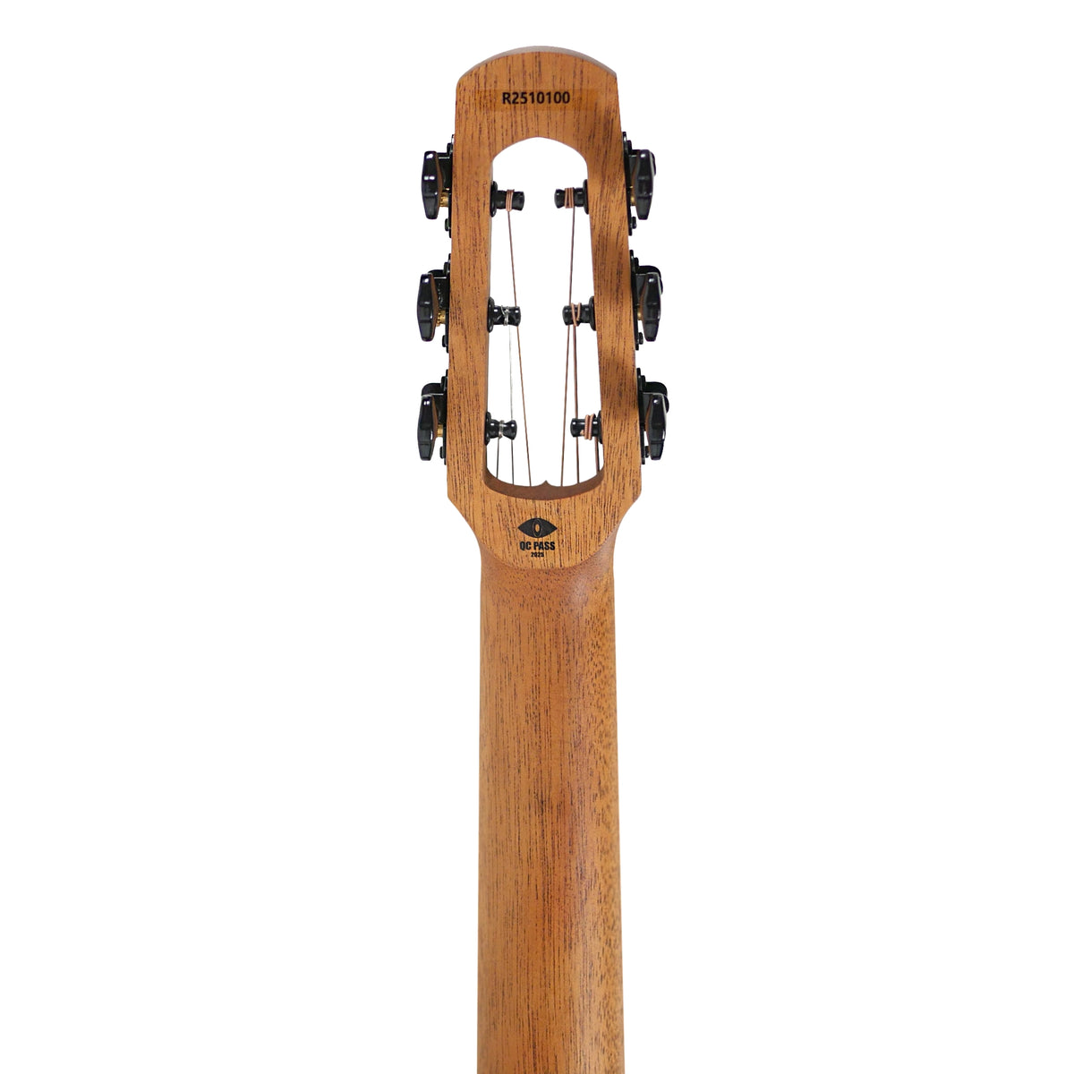 The rear headstock view showcases the mahogany construction and tuning hardware of the Flight PIXI BK.